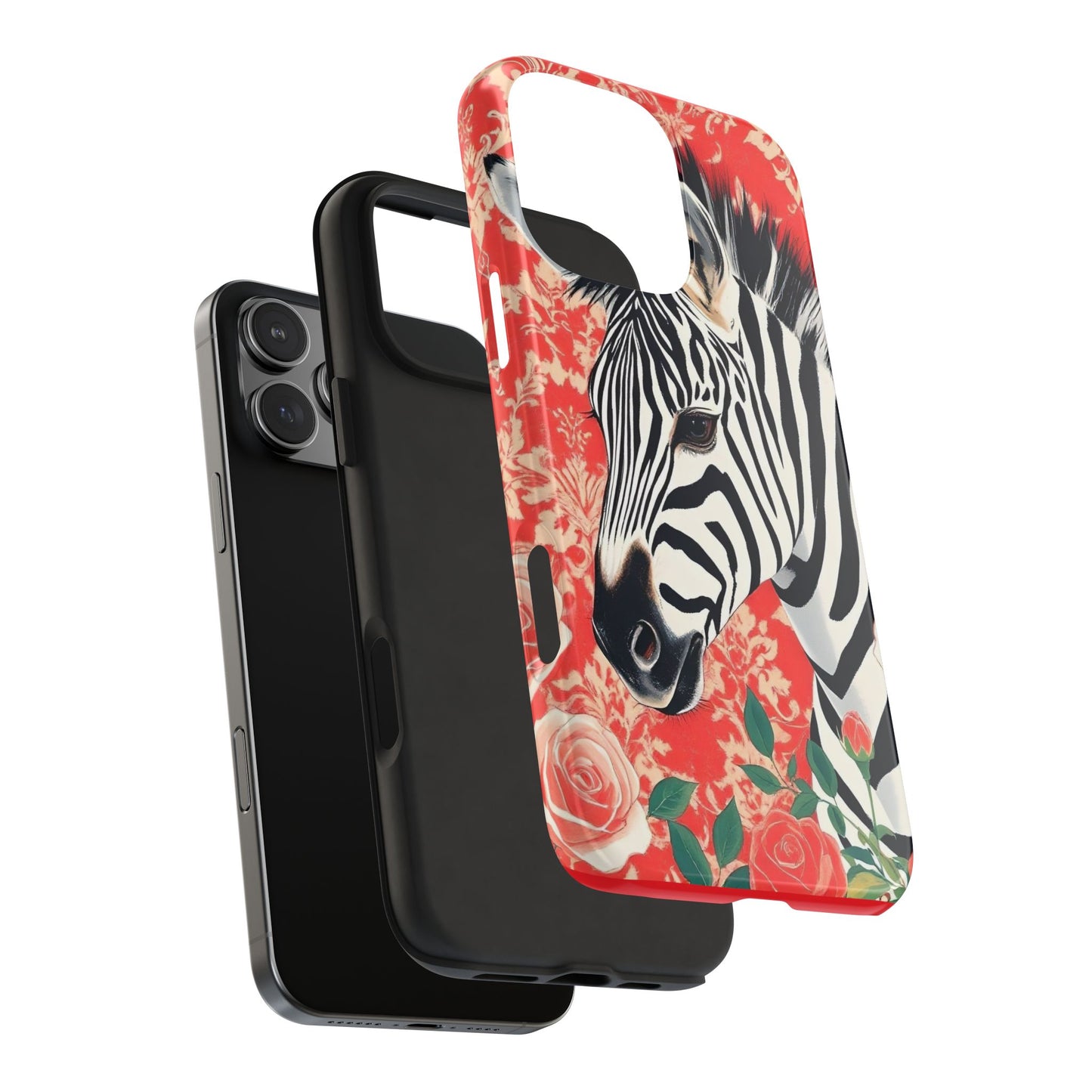 Zebra Tough Phone Case - Trendy Floral Design for Animal Lovers - Zebra With Coral Roses & Damask