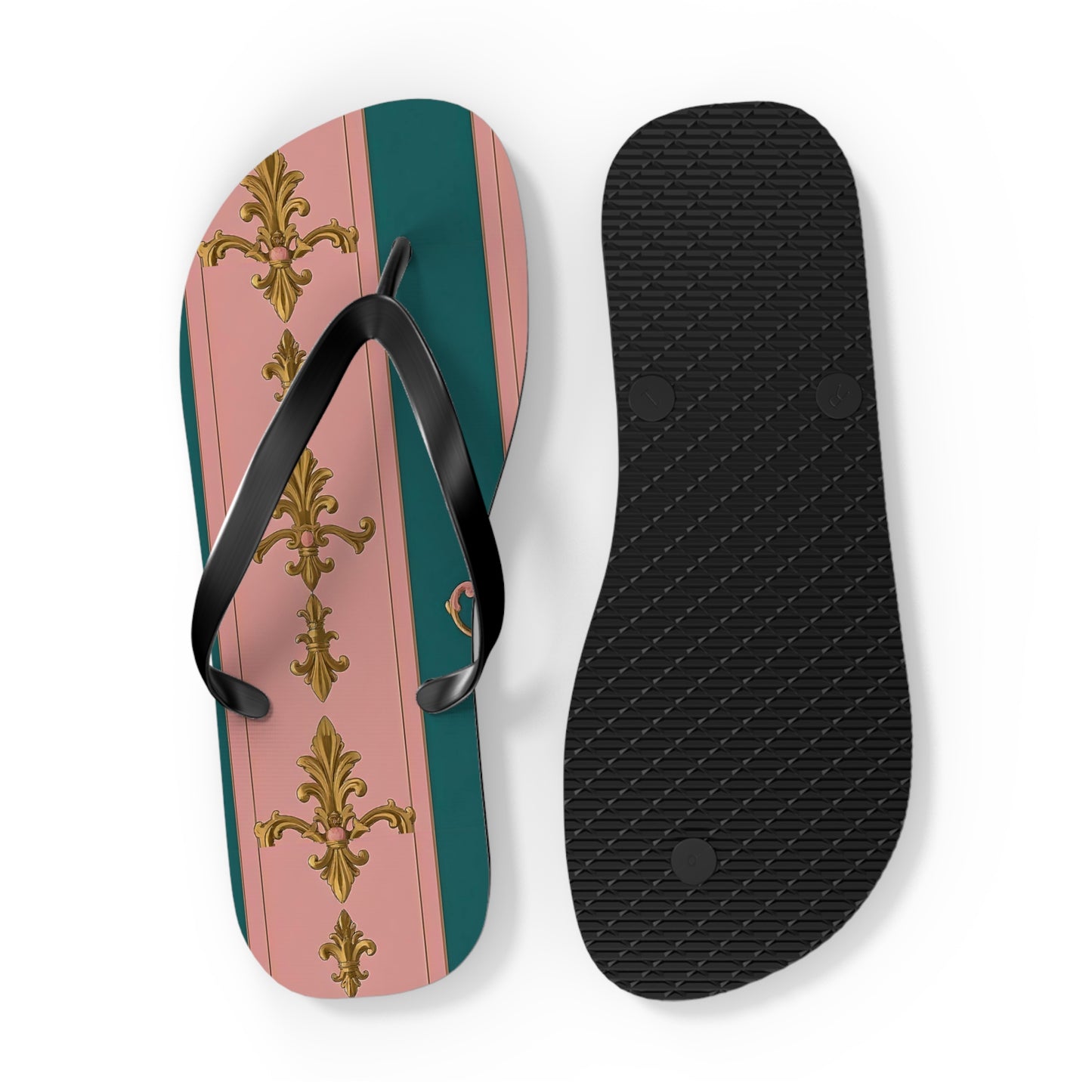 Chic Floral Flip Flops, Summer Sandals, Beach Footwear, Vacation Slides, Stylish Summer Accessories - Pink & Teal Striped Gold Baroque