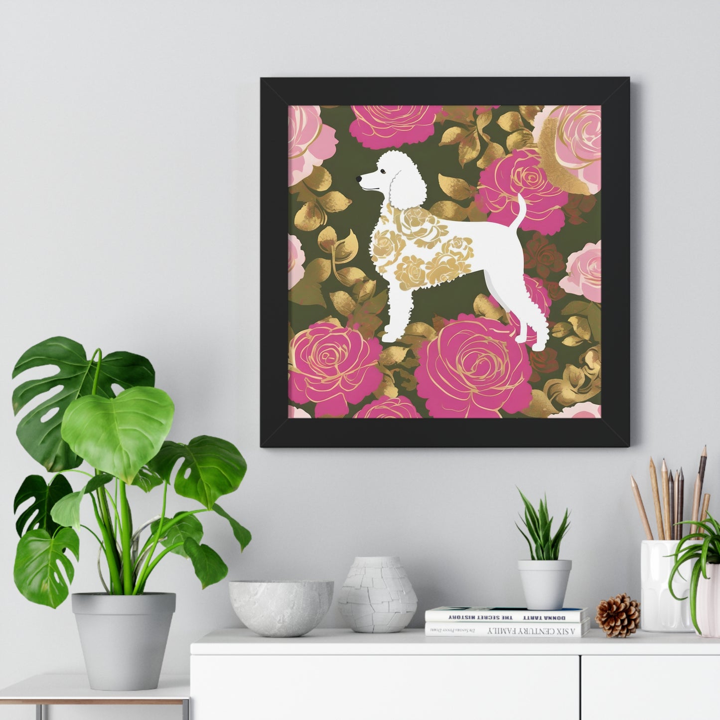 Vertical Poster - Stylish Framed - Art for Home Decor - Damask White Poodle & Pink Roses
