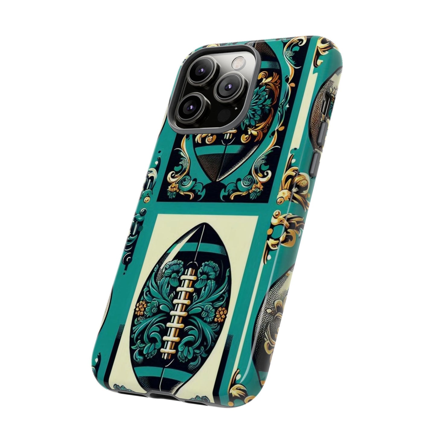 Elegant Floral Motif Phone Case - Tough Cases with Vintage Design -  Damask Teal, Gold & Black Footballs
