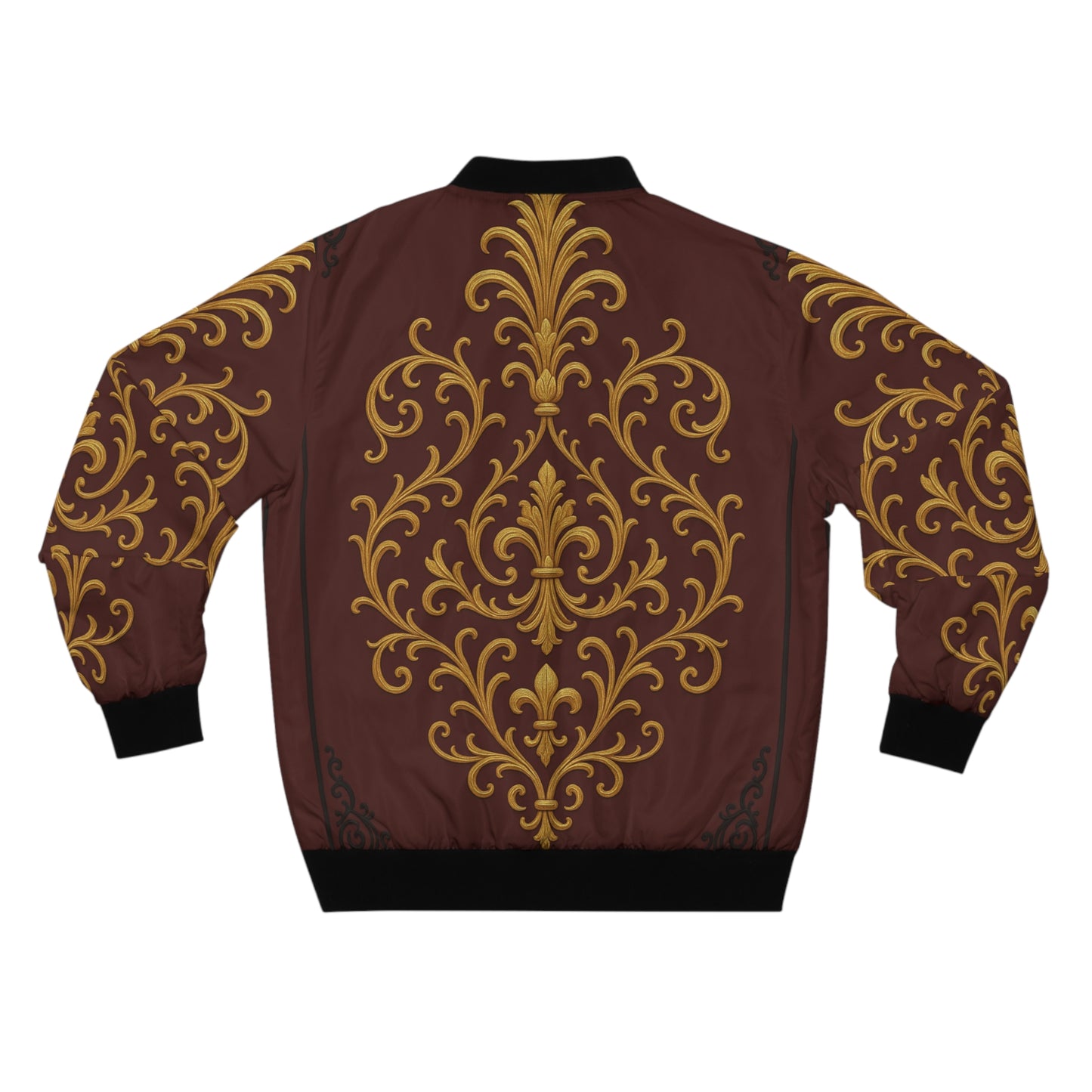 Dusk Burgundy-Black & Gold Baroque Men's Bomber Jacket — Ornate Gold Baroque on Burgundy