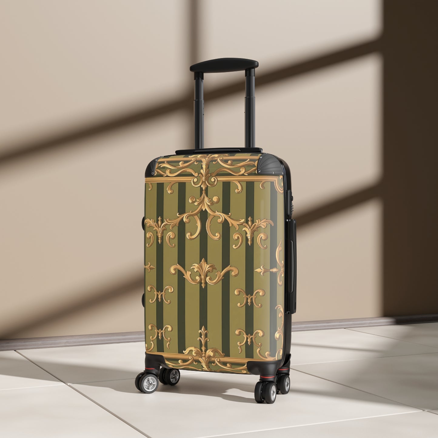 Ornate Travel Suitcase, Stylish Luggage for Adventurers, Vintage-Inspired Carry-On - Olive Green Striped Rococo