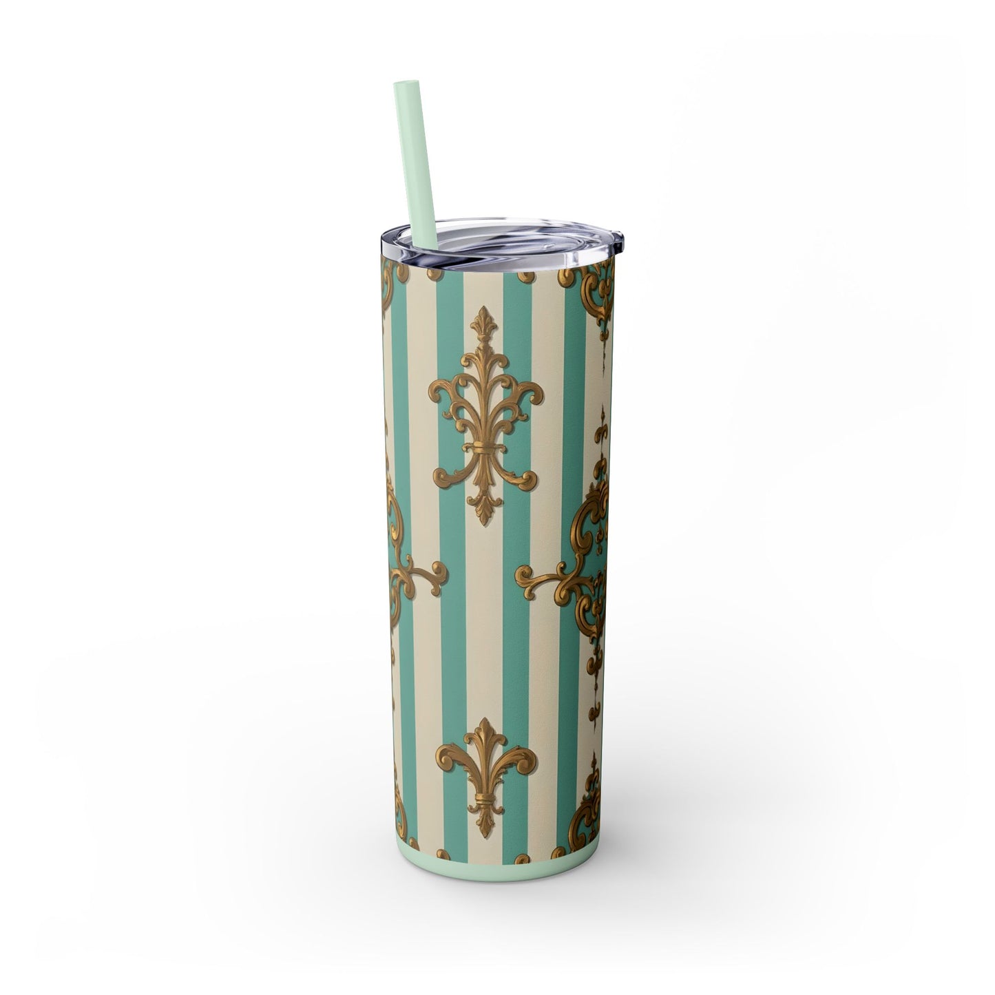 Elegant Vintage Skinny Tumbler with Straw, 20oz, Stylish Drinkware, Perfect Gift for Home, Coffee Lovers - Matte Green Striped Rococo