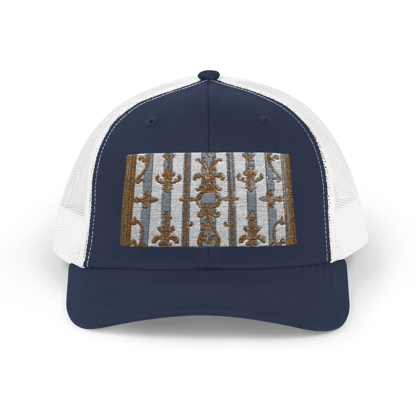 Stylish Snapback Trucker Cap with Nature-Inspired Design - Summer Festivals - Matte Gray & Cream Striped Gold Baroque