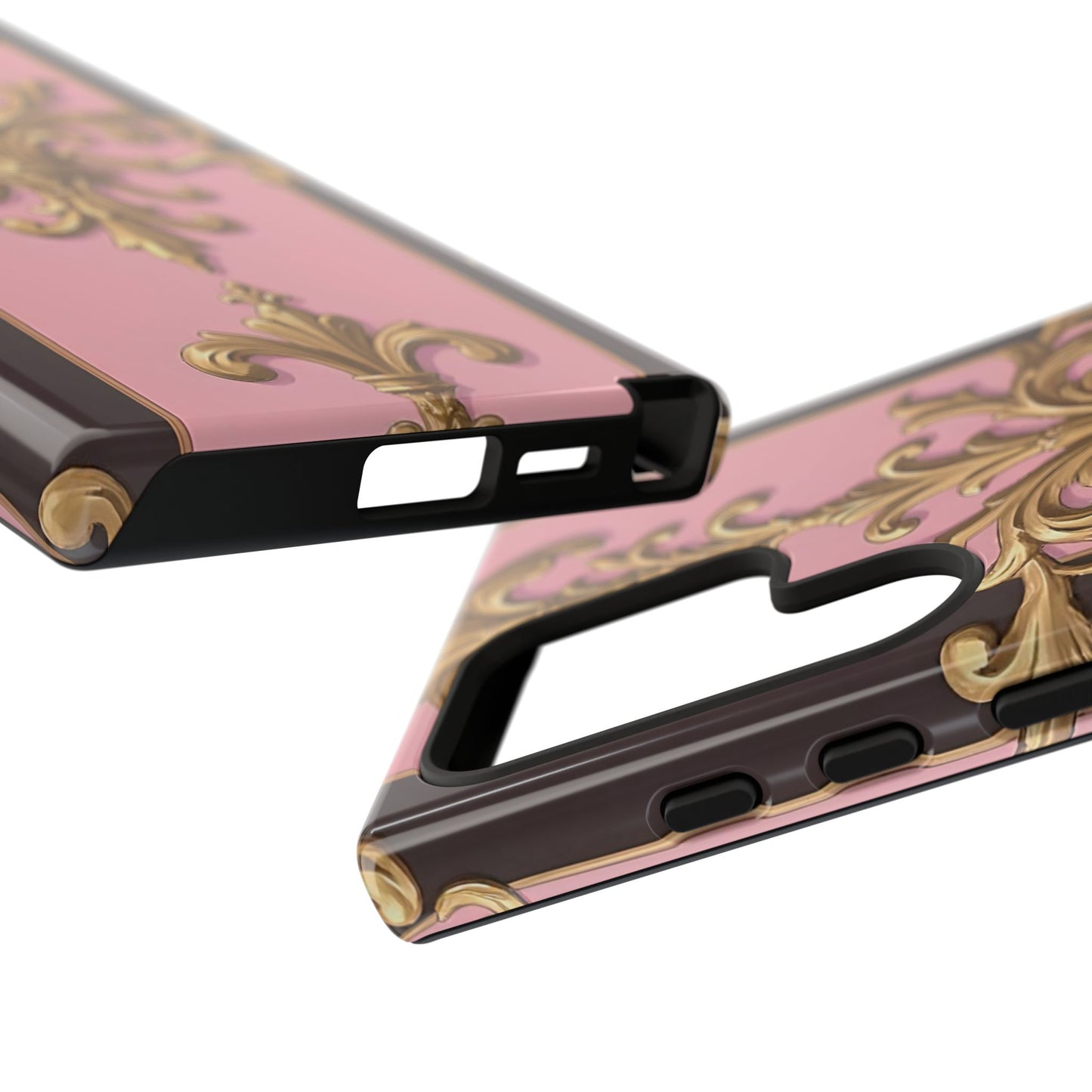 Elegant Floral Motif Phone Case - Tough Cases with Vintage Design - Pink & Brown Striped Gold Damask