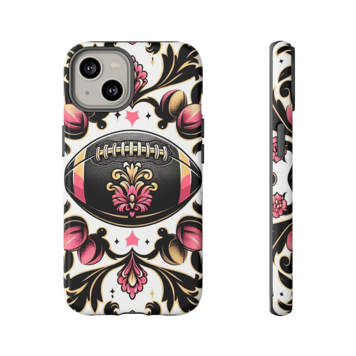 Elegant Floral Motif Phone Case - Tough Cases with Vintage Design - Damask White, Pink Gold & Black Football
