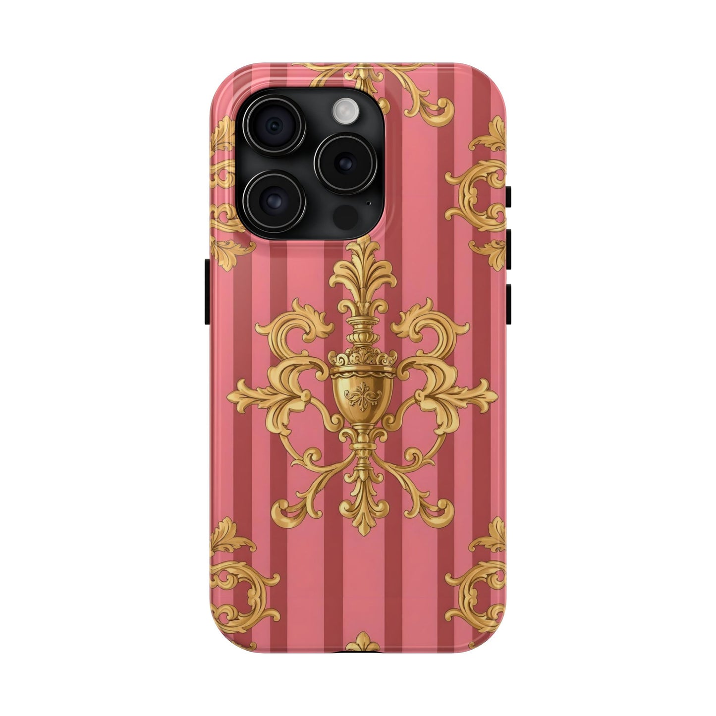 Elegant Baroque Tough Phone Cases, Durable Phone Cover, Stylish Accessory, Gift for Any Occasion - Pink Striped Gold Baroque