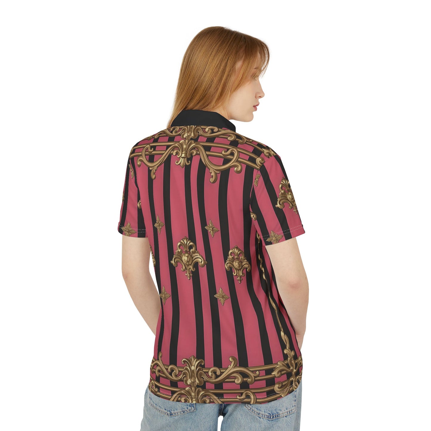 Elegant Striped Unisex Polo Shirt, Stylish Casual Wear, Fashion Gift, Summer Outfit - Pink Striped Gold Rococo