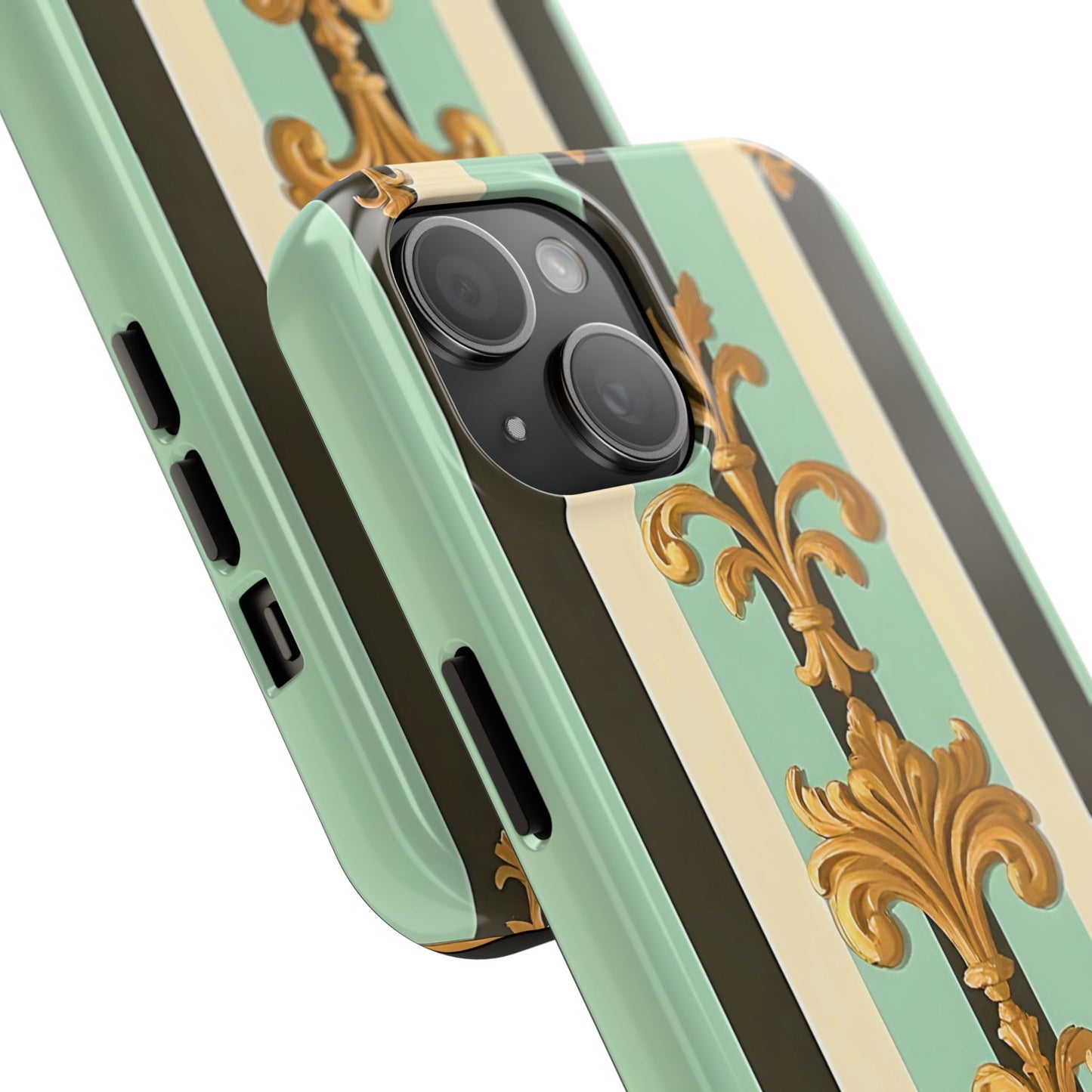 Elegant Floral Tough Phone Cases - Stylish Protection for All Occasions, Gifts for Her, Phone Covers - Black & Matte Mint Striped Rococo