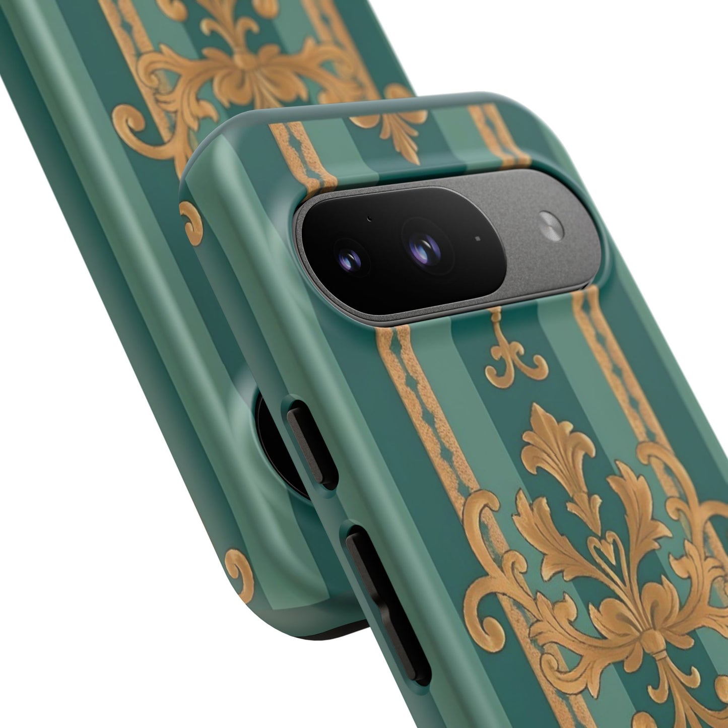 Elegant Floral Motif Phone Case - Tough Cases with Vintage Design - Teal Striped Gold Damask