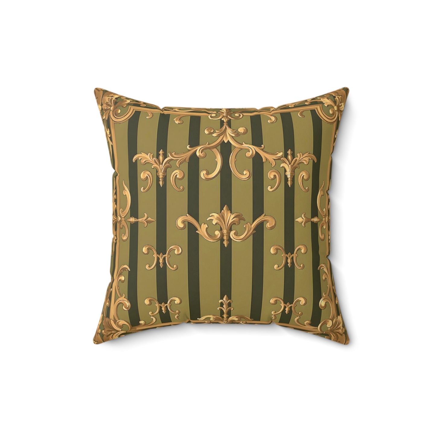 Elegant Faux Suede Square Pillow with Antique Gold Pattern, Decorative Cushion for Home Decor - Olive Green Striped Rococo