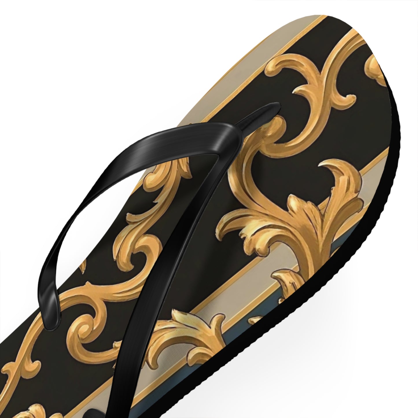 Stylish Flip Flops with Elegant Gold Design, Beachwear, Summer Sandals, Vacation Footwear, Poolside Essentials - Blue & Black Striped Rococo