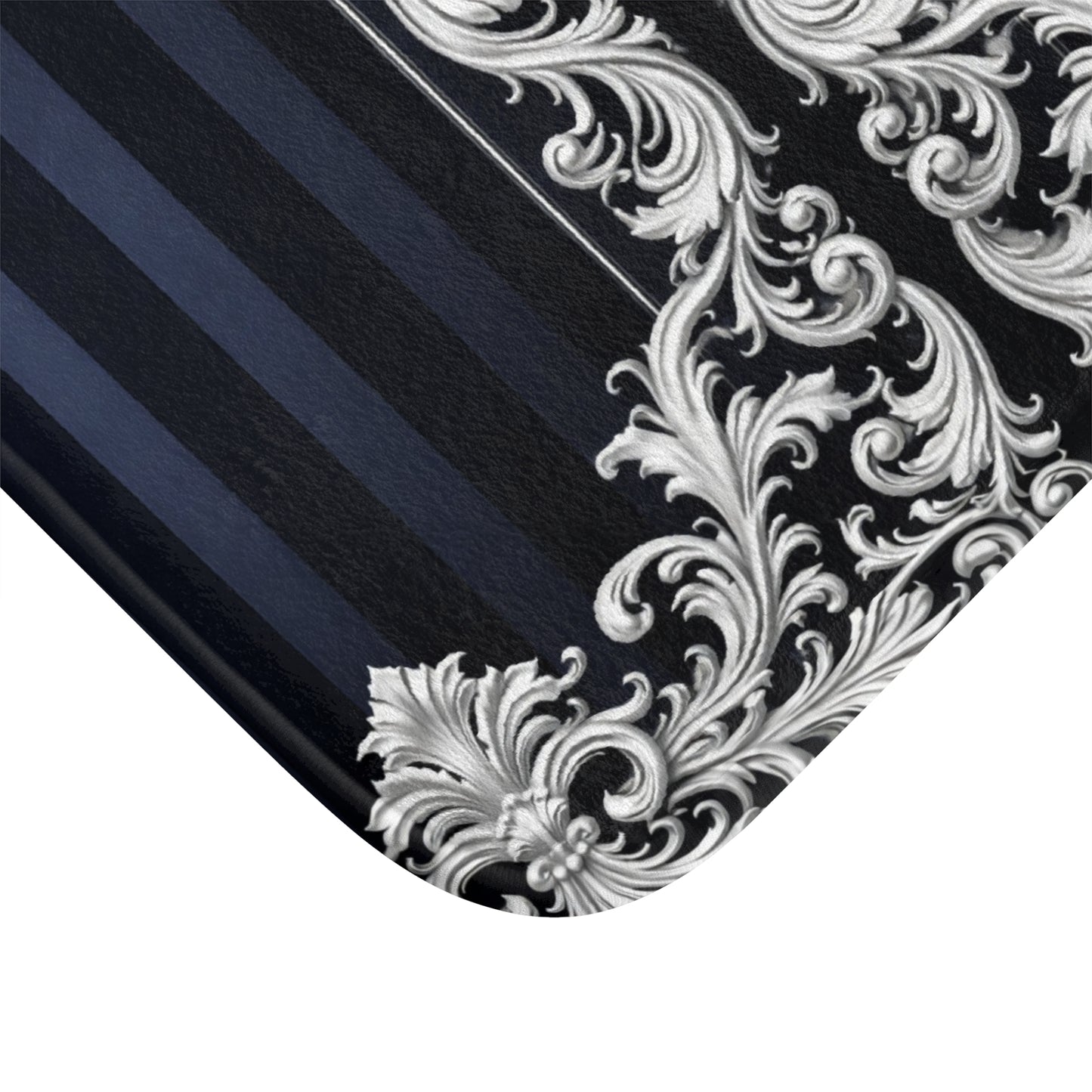Elegant Navy Stripes & Baroque Bath Mat — Navy & Silver Ornate Bathroom Rug