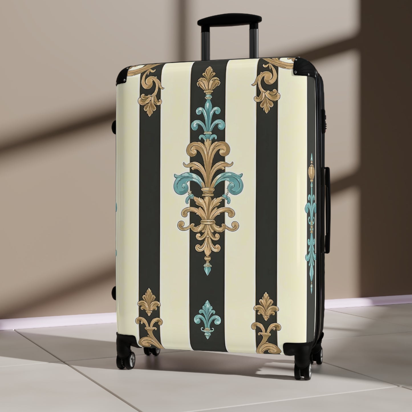 Chic Travel Suitcase | Vintage Floral Design, Luggage Bag, Stylish Carry-On, Travel Gear, Vacation Essentials - Black Striped Turquoise & Black Rococo