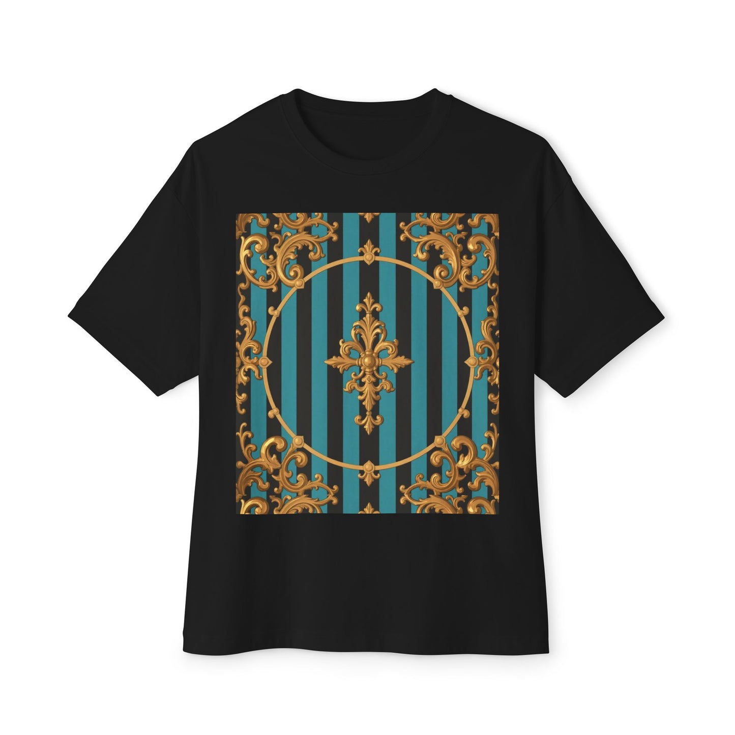 Stylish Turquoise & Black Striped Gold Baroque Unisex Oversized Boxy Tee, Retro Graphic Shirt, Casual Wear, Trendy Fashion, Unique Gift Idea