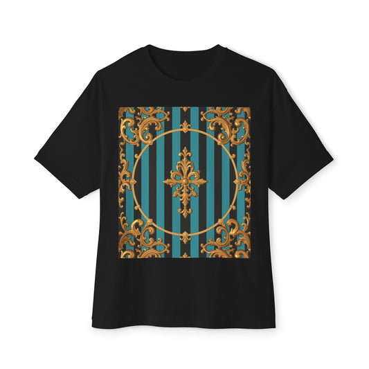 Stylish Turquoise & Black Striped Gold Baroque Unisex Oversized Boxy Tee, Retro Graphic Shirt, Casual Wear, Trendy Fashion, Unique Gift Idea