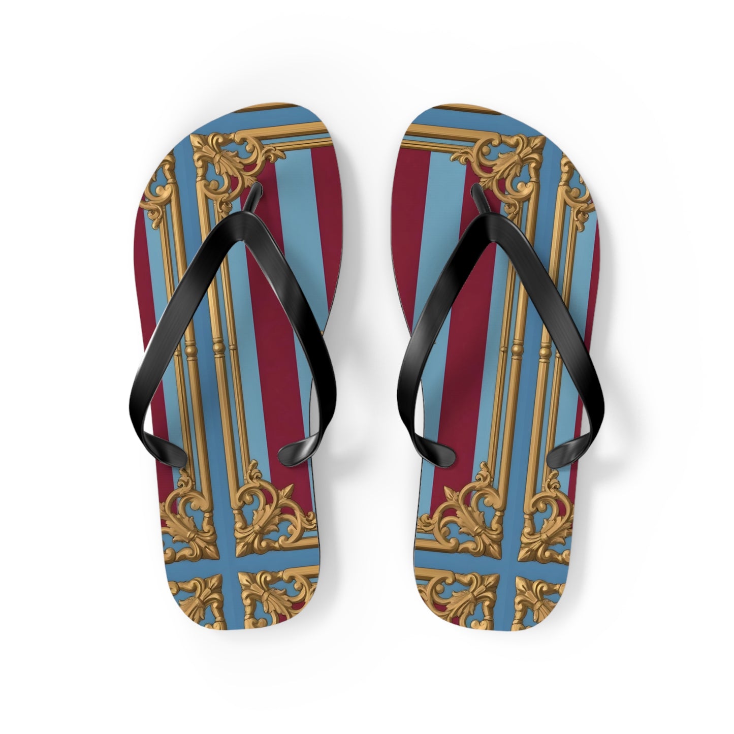 Ornate Design Flip Flops, Elegant Summer Sandals, Beach Vacation Footwear, Perfect for Weddings - Sky Blue & Maroon Striped Baroque