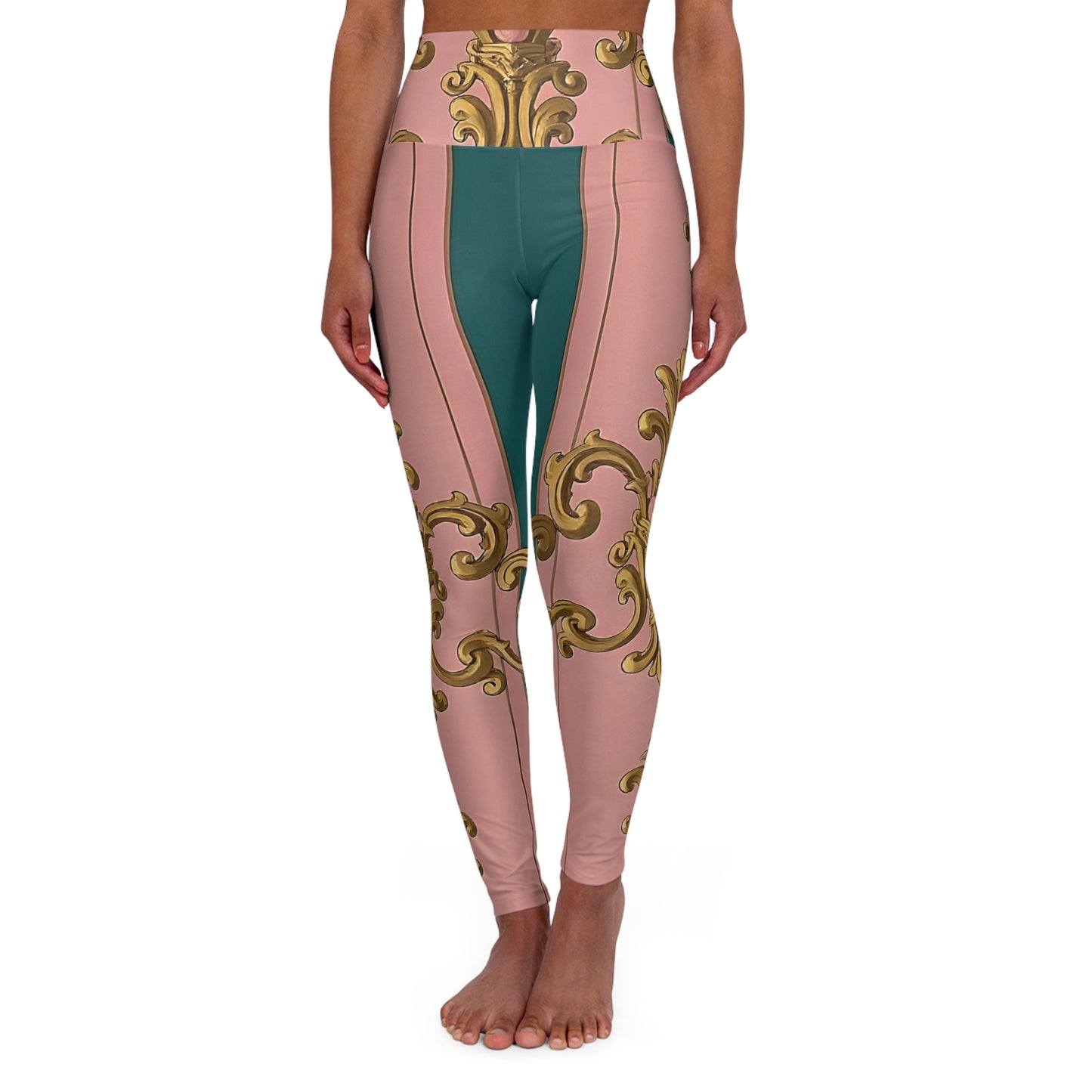 Elegant High Waisted Yoga Leggings, Stylish Activewear, Comfortable Leggings for Fitness - Pink & Teal Striped Gold Baroque