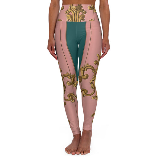 Elegant High Waisted Yoga Leggings, Stylish Activewear, Comfortable Leggings for Fitness - Pink & Teal Striped Gold Baroque