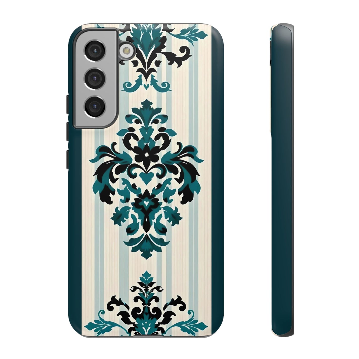 Elegant Floral Phone Case - Tough Cases with Vintage Design - Teal Striped Damask