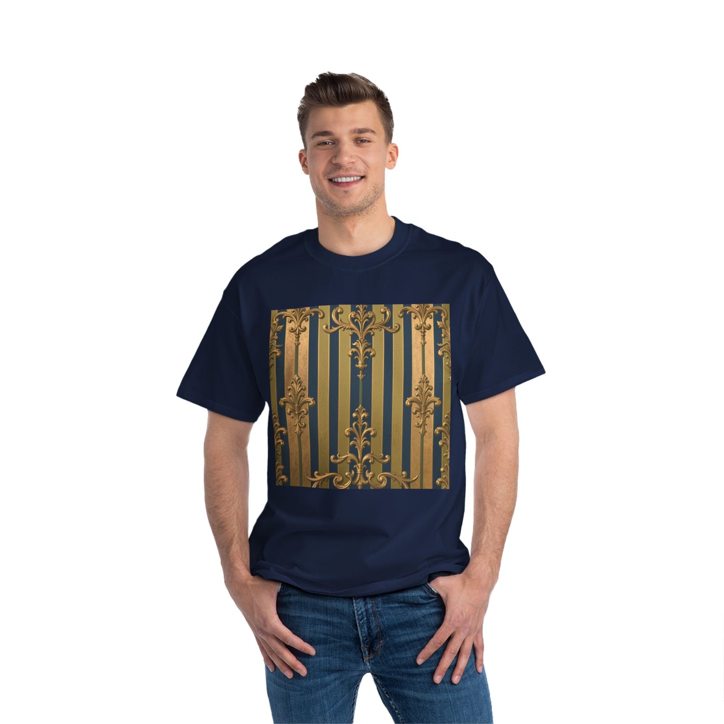 Elegant Midnight Blue & Olive Striped Gold Baroque Short-Sleeve Unisex T-Shirt, Vintage Fashion Tee, Casual Summer Top