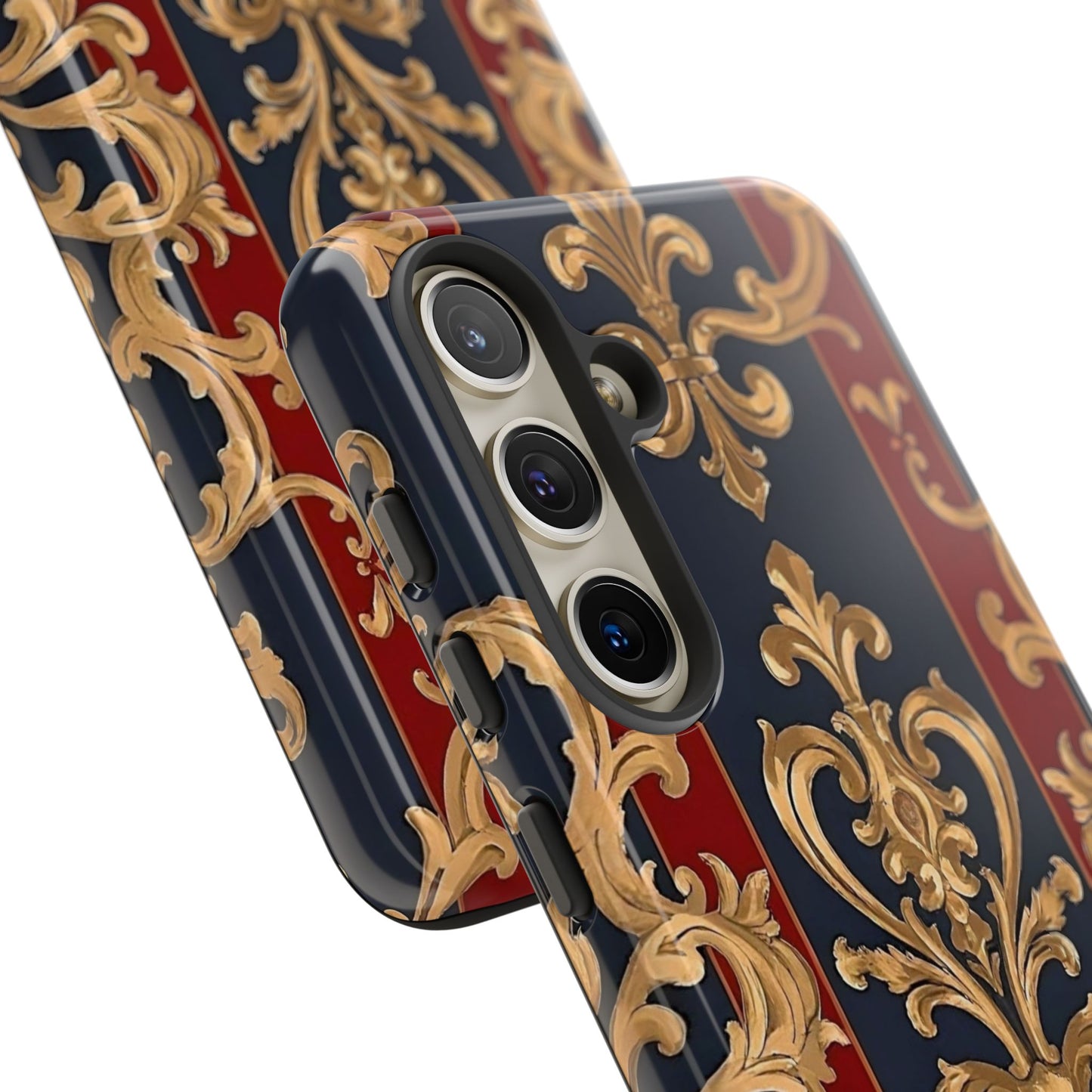 Elegant Floral Motif Phone Case - Tough Cases with Vintage Design - Midnight Blue & Dusk Red Striped Gold Damask