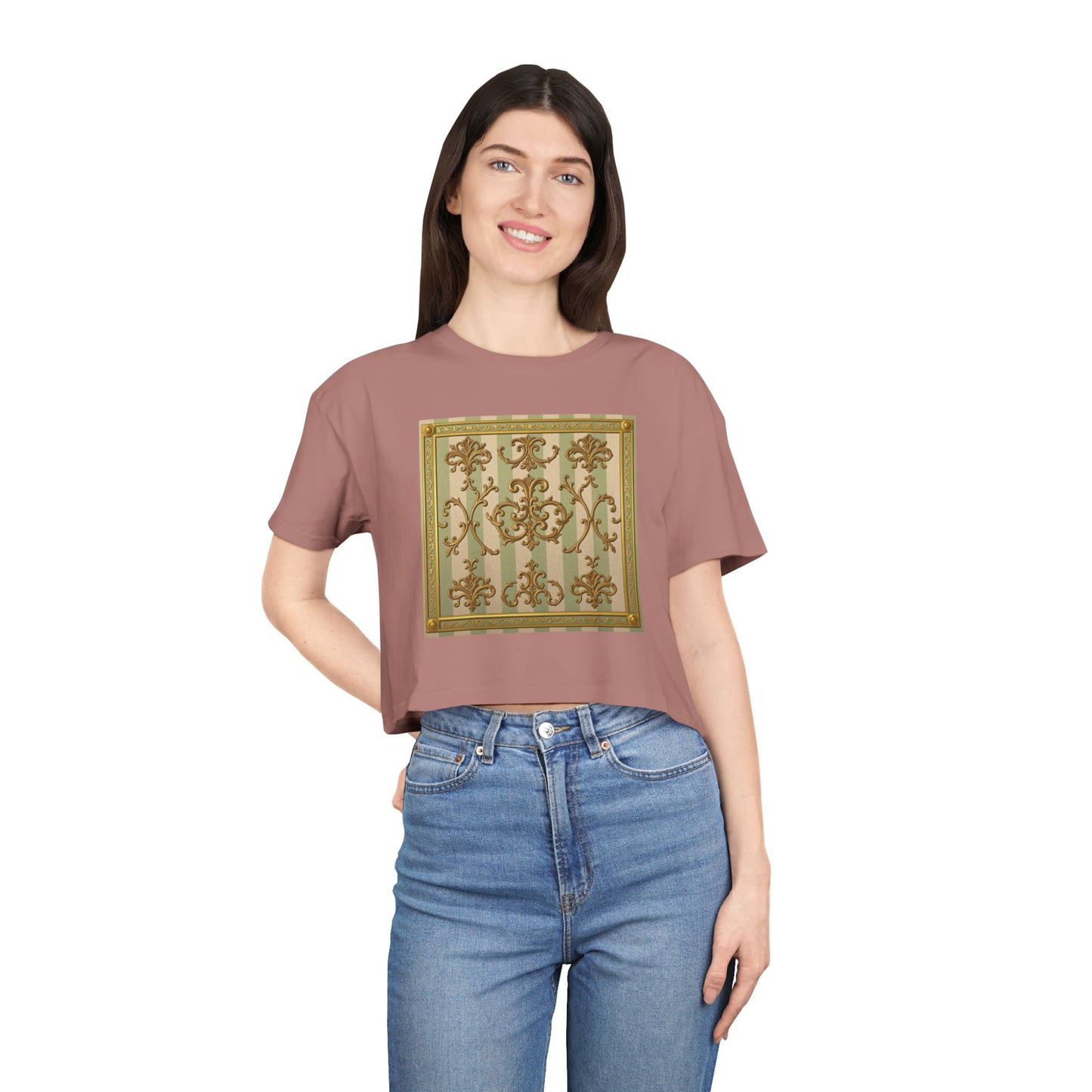 Stylish Women's Crop Tee with Elegant Print, Summer Fashion Top, Casual Chic Shirt, Gift for Her, Trendy Outfit - Mint & Beige Striped Gold Baroque