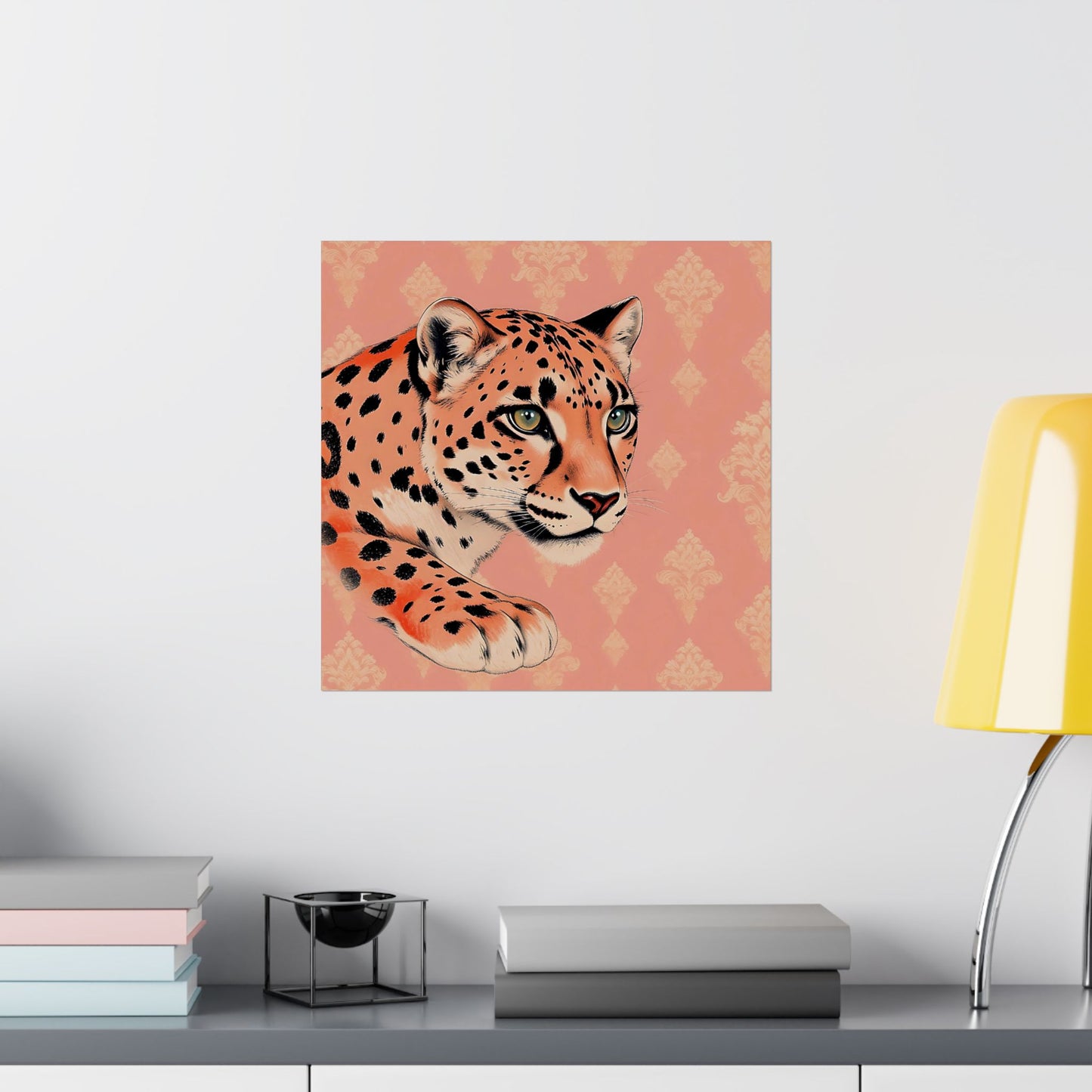 Floral Motif Art Poster - Elegant Matte Vertical Wall Decor - Peach Leopard & Damask