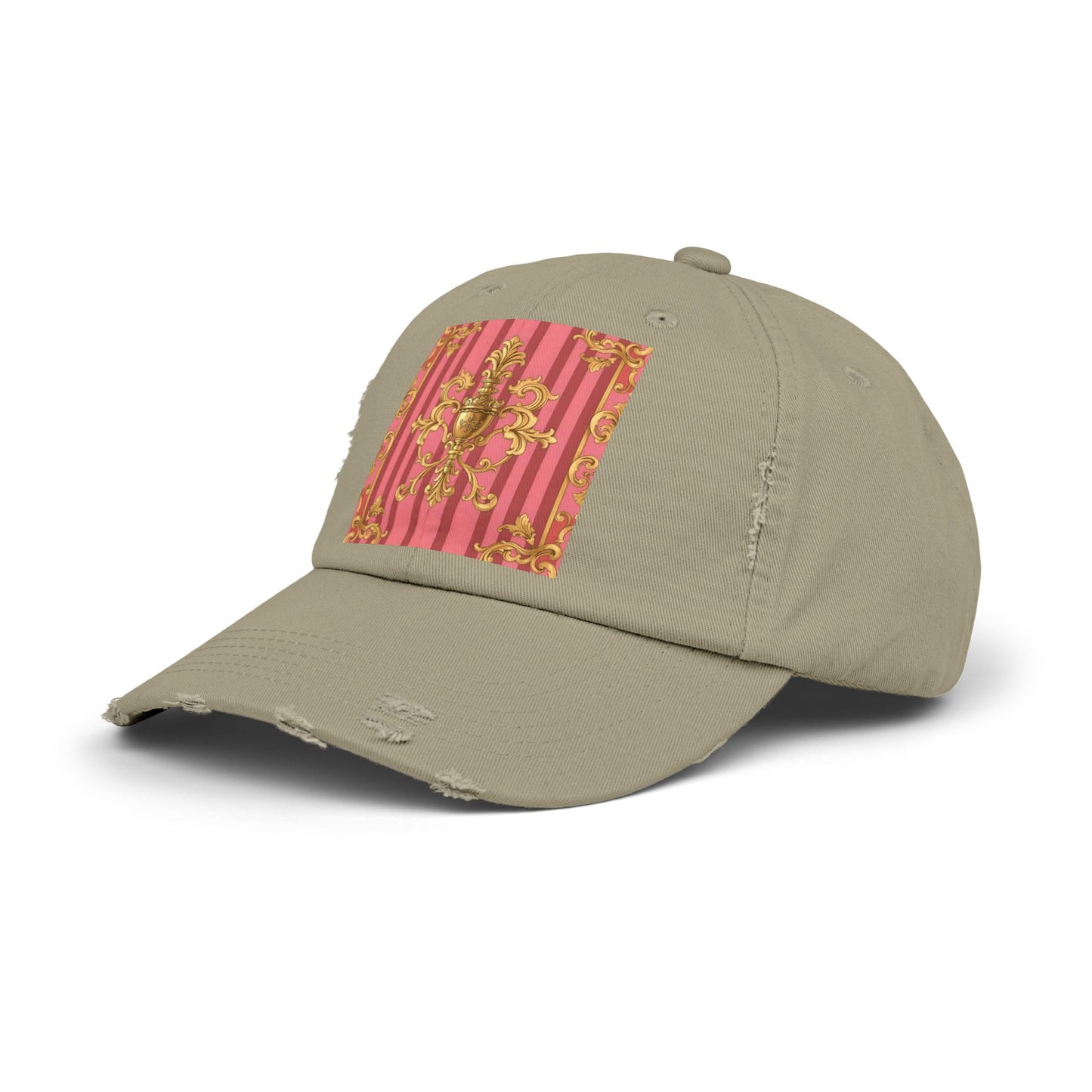 Chic Distressed Unisex Cap - Trendy Accessories for Style Lovers, Everyday Wear, Fashion Statement, Birthday Gift - Pink Striped Gold Baroque