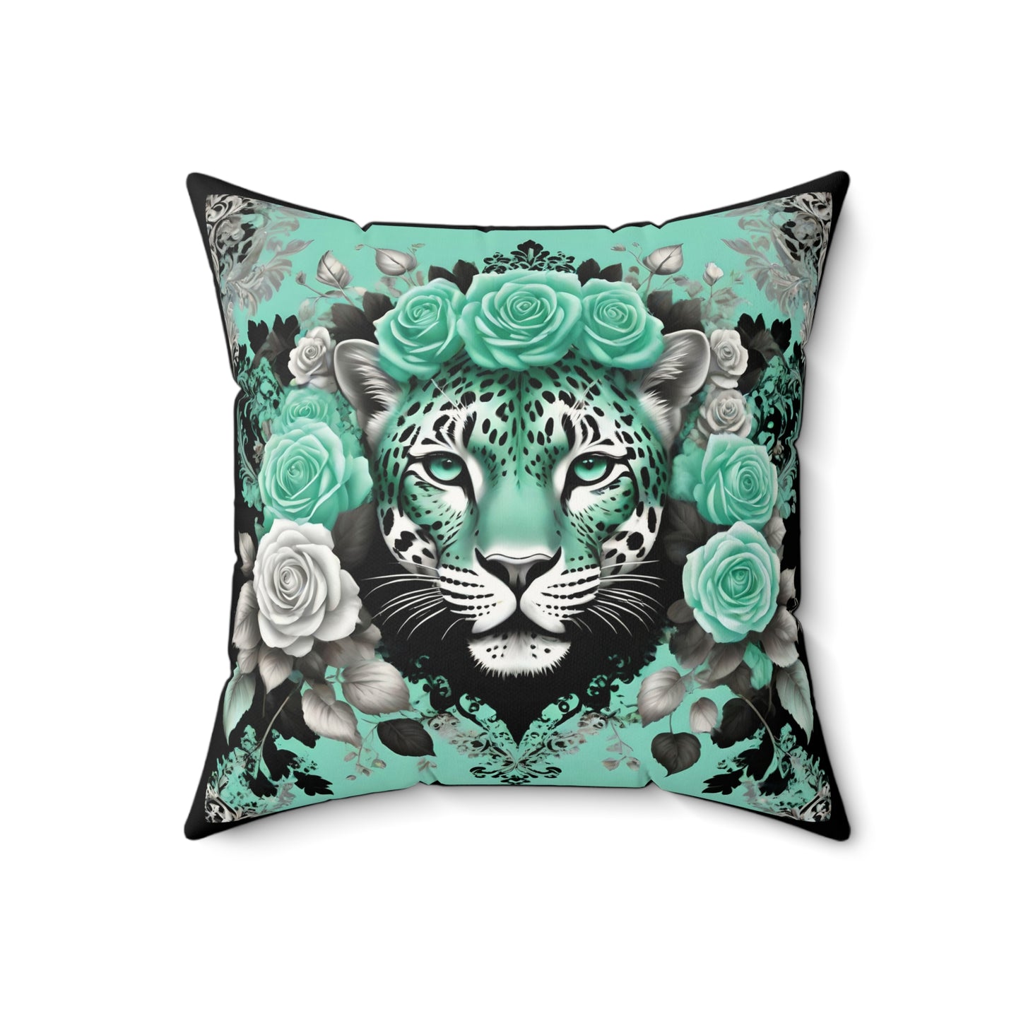 Floral Leopard Faux Suede Pillow - Artistic Home Decor - Mint Green Leopard