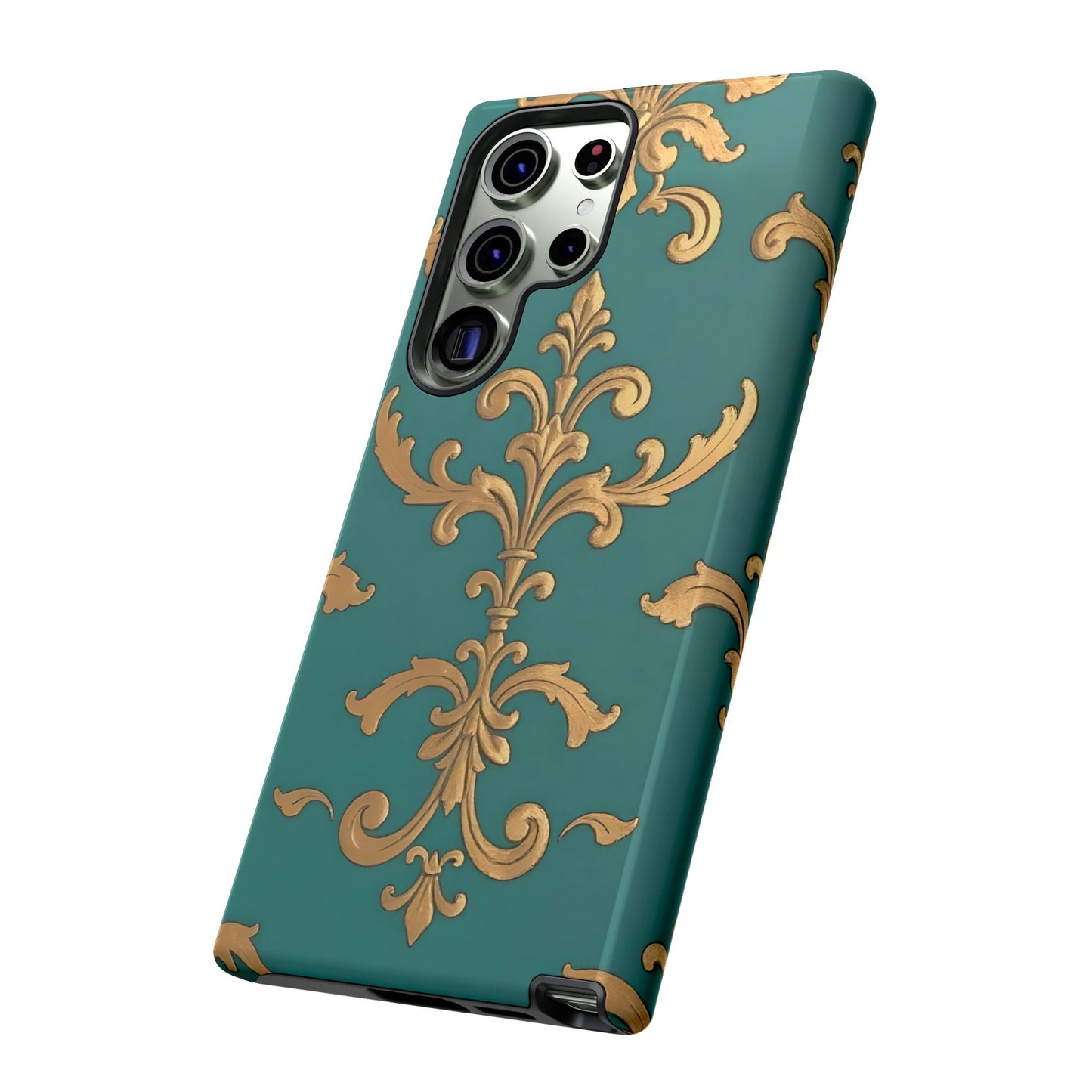 Elegant Floral Motif Phone Case - Tough Cases with Vintage Design - Aqua & Gold Damask