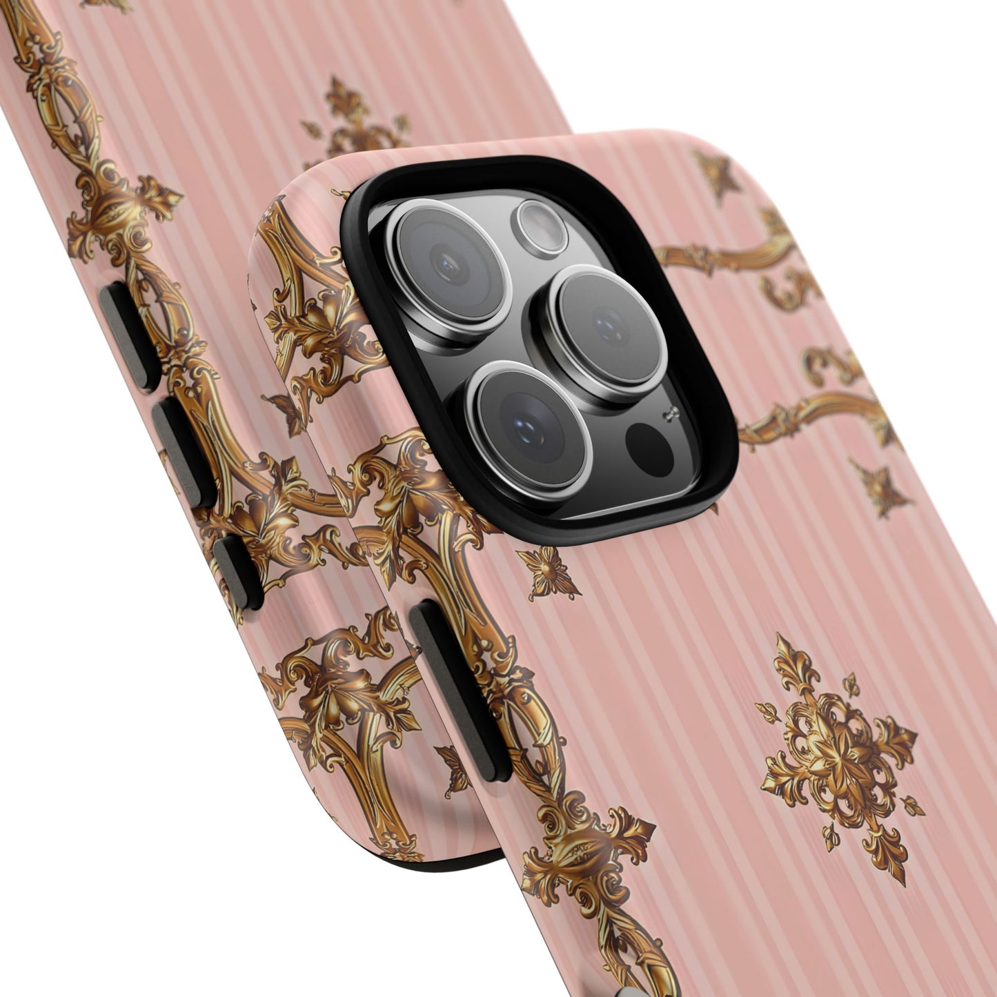 Elegant Floral Phone Case, Tough Cases for Women, Trendy Phone Cover, Chic Gift - Pink Striped Gold Baroque