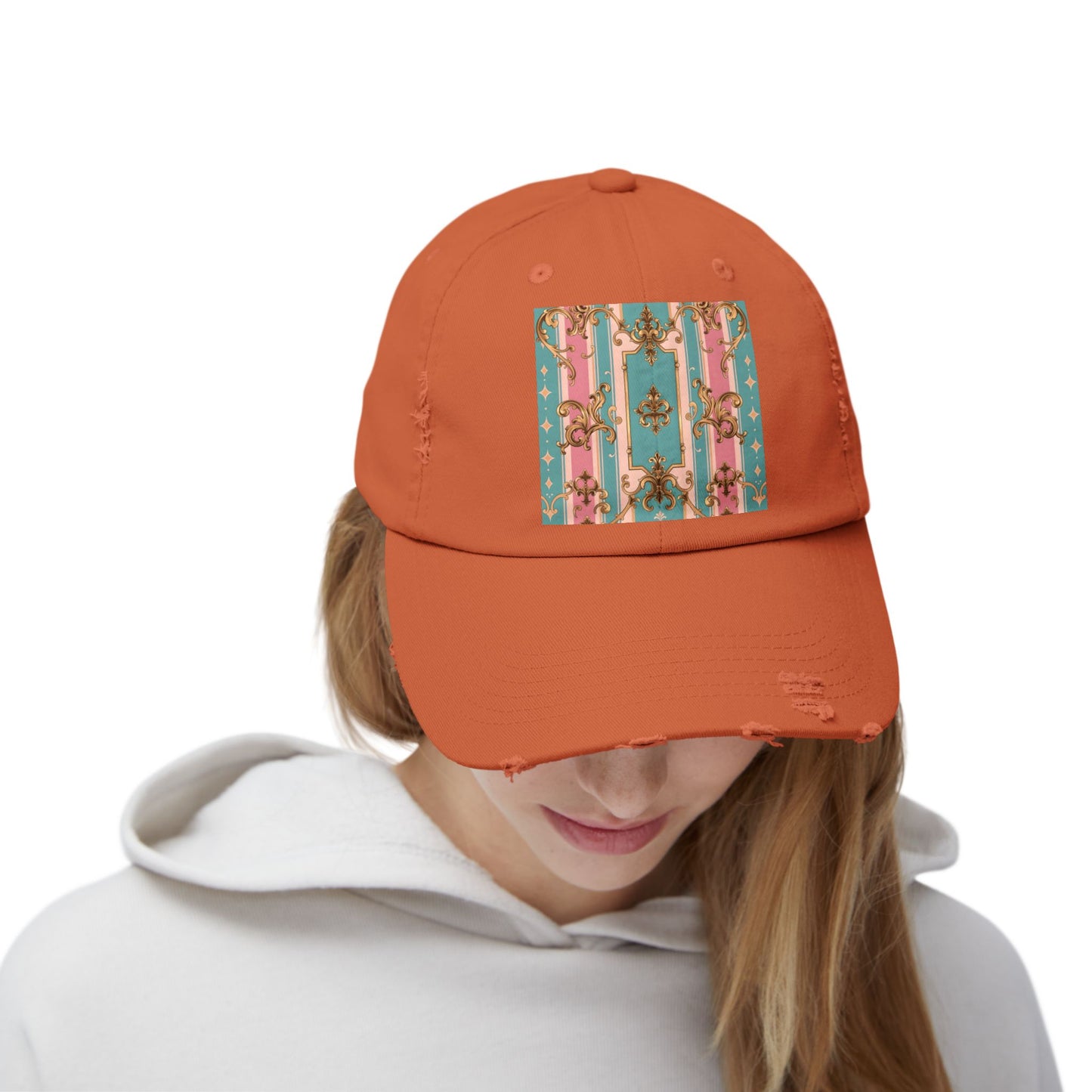 Stylish Unisex Distressed Cap with Floral Pattern, Casual Hat, Trendy Headwear, Summer Accessory - Pink & Matte Turquoise Striped Rococo