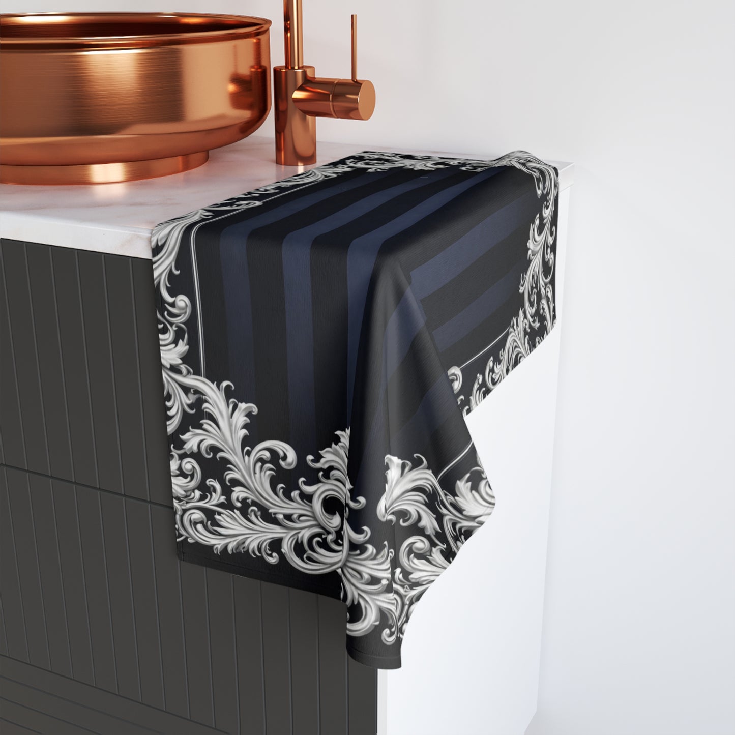 Navy Stripes & Baroque Hand Towel — Navy Ornate Decorative Towel