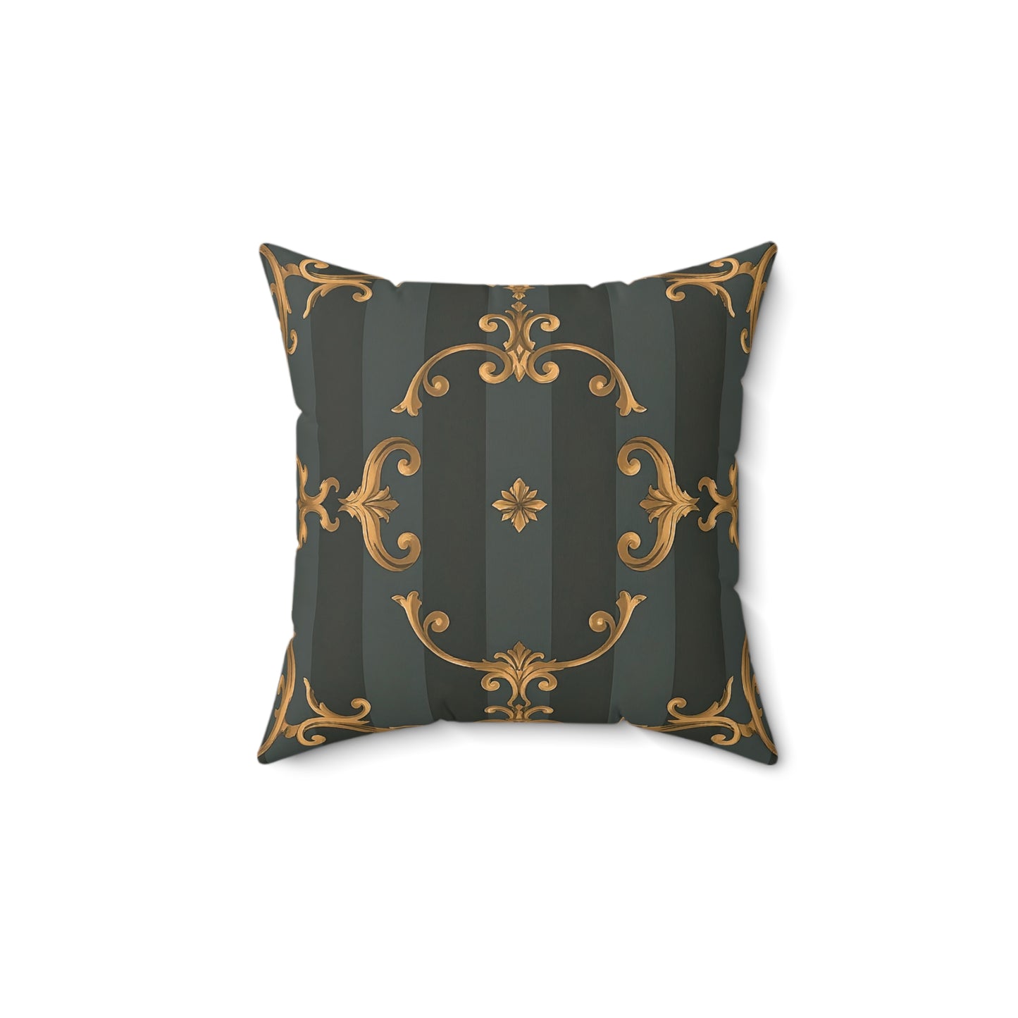 Elegant Faux Suede Square Pillow with Gold Accents - Gray Striped Baroque