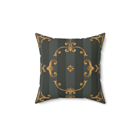 Elegant Faux Suede Square Pillow with Gold Accents - Gray Striped Baroque