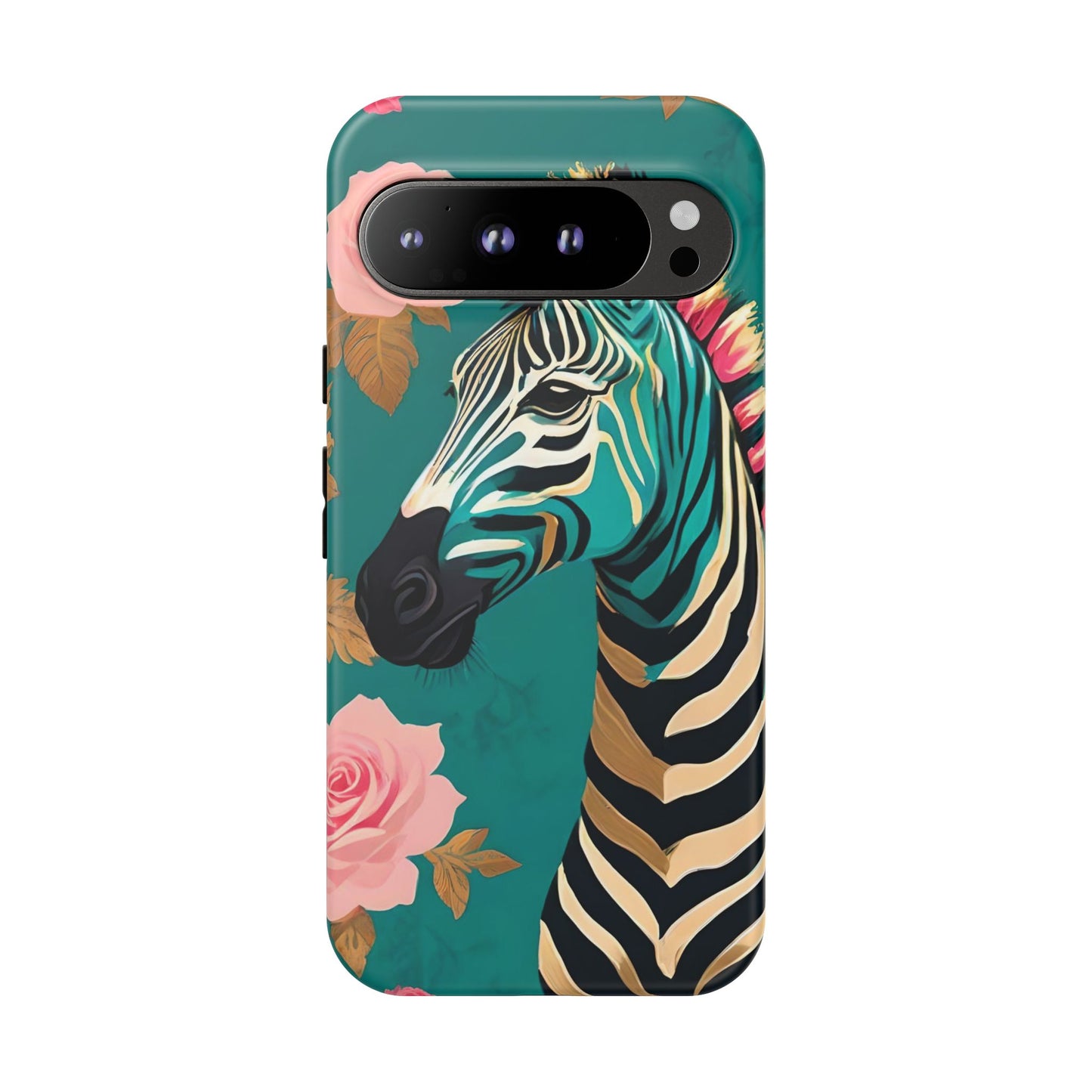 Phone Case - Elegant Teal & Gold Zebra & Roses Design
