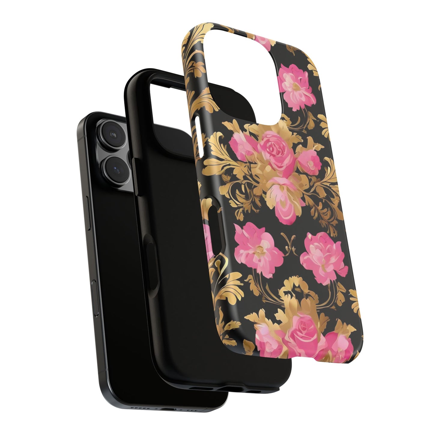 Elegant Floral Motif Phone Case - Tough Cases with Vintage Design - Pink & Gold Roses