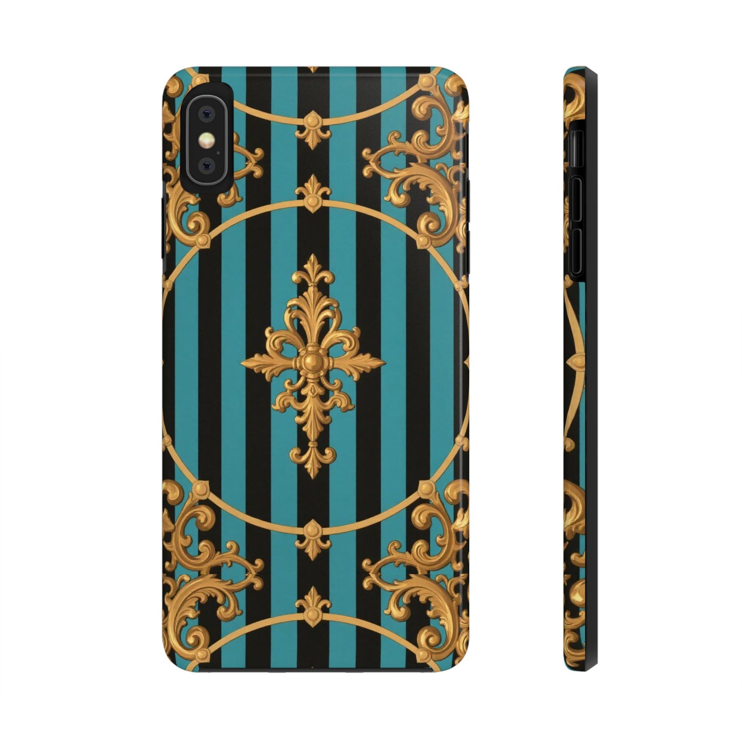Elegant Turquoise & Black Striped Gold Baroque Phone Case, Tough Phone Cases for Fashion Lovers, Gift for Her, Luxury Accessories