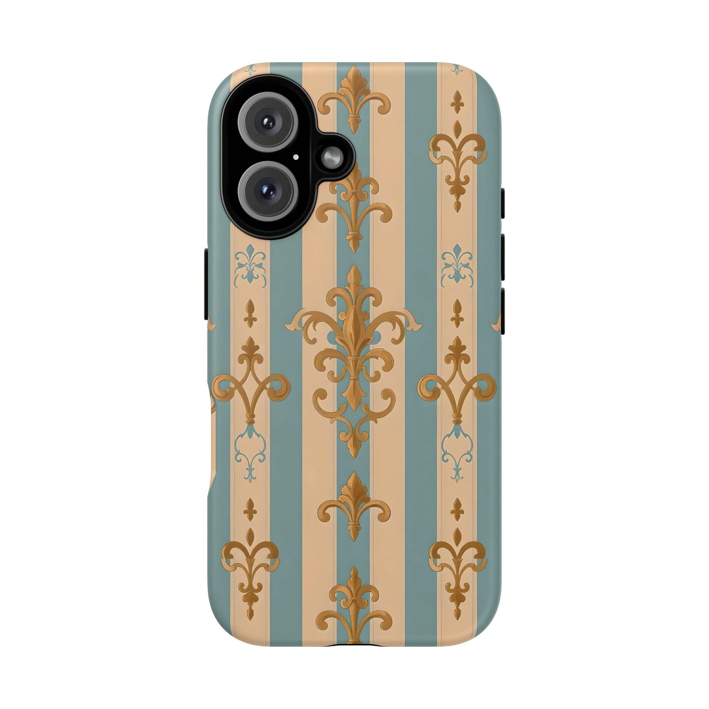 Elegant Floral Motif Phone Case - Tough Cases with Vintage Design -  Beige & Sky Blue Striped Gold Damask
