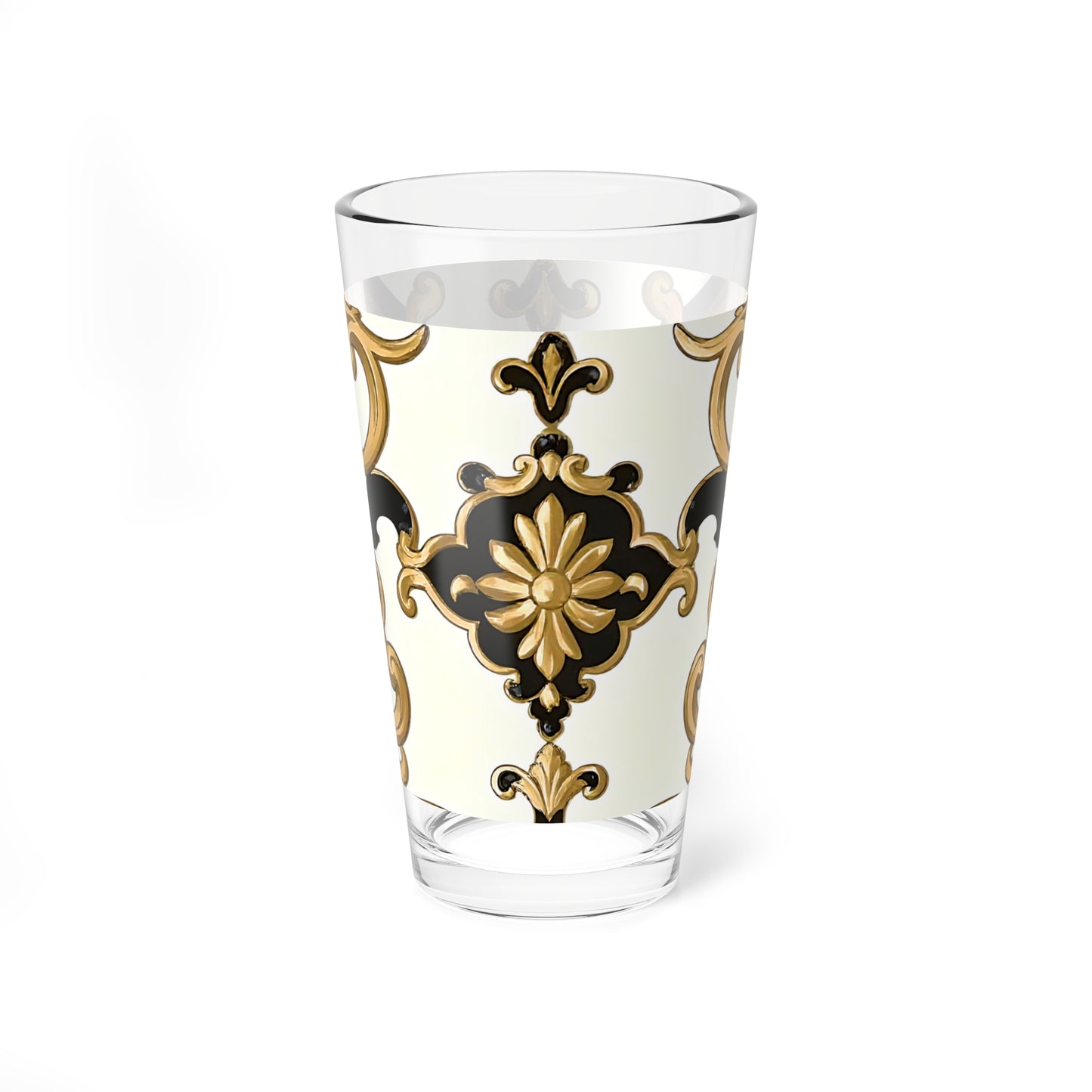 Elegant Ornate Mixing Glass, 16oz - Decorative Barware, Cocktail Glass, Engraved Drinkware - Black & Gold Rococo