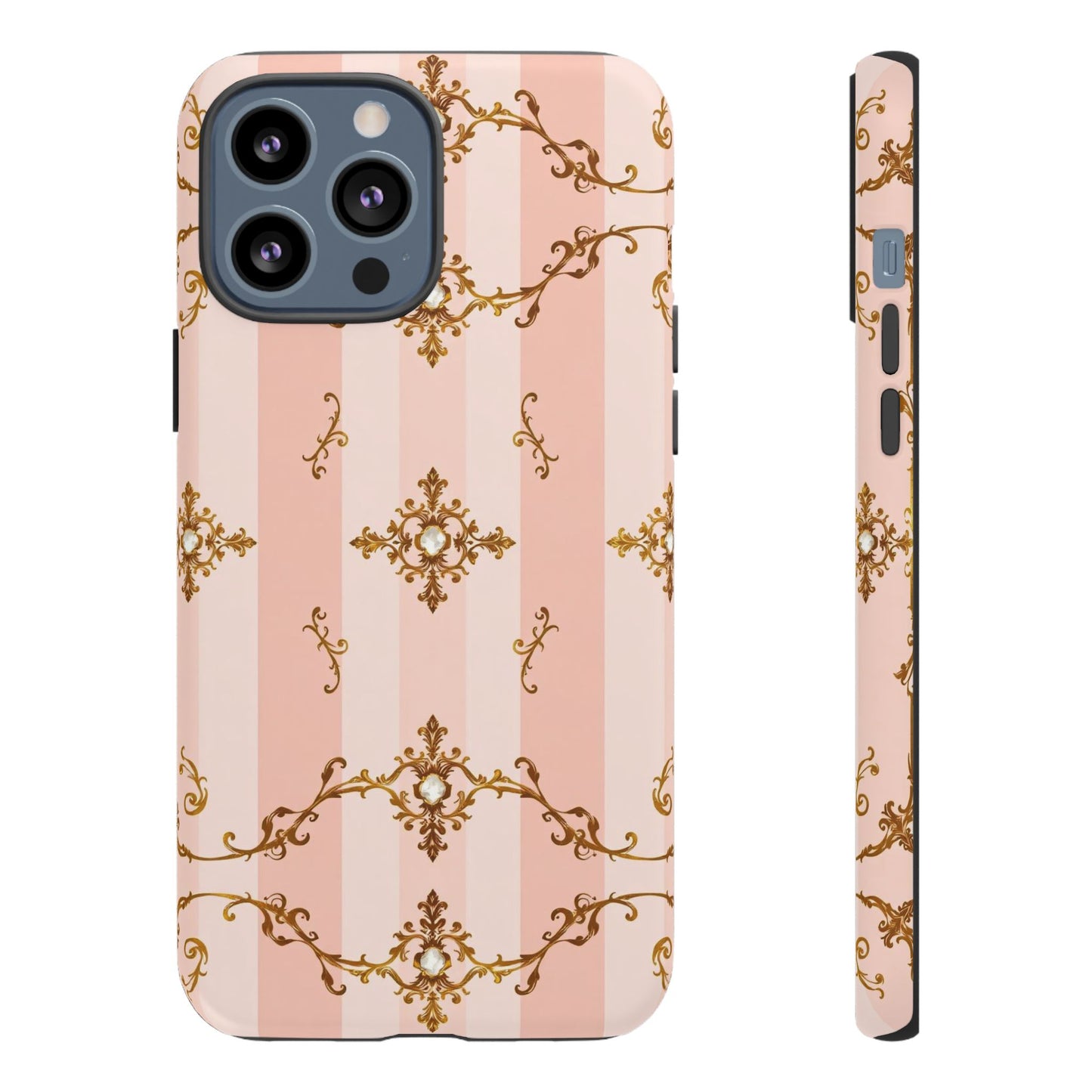 Elegant Floral Phone Case, Tough Cases for Women, Trendy Phone Cover, Chic Gift - Pink Jeweled Striped Gold Baroque