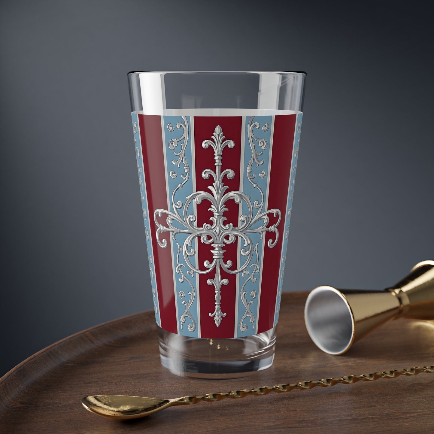 Elegant Vintage 16oz Mixing Glass - Perfect for Entertaining & Home Bar - Ice Blue & Burgundy Striped Baroque
