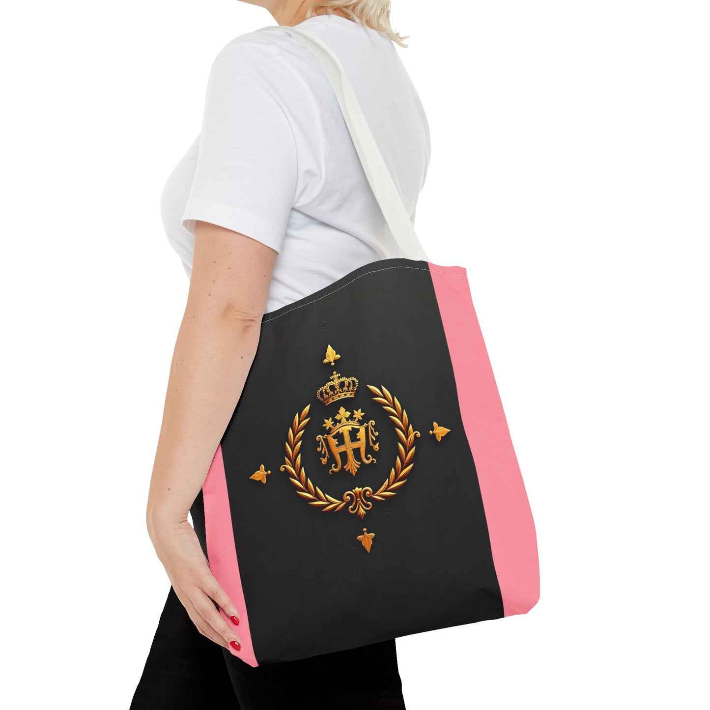 Elegant Monogrammed Tote Bag - Chic Shopper, Eco-Friendly Carryall, Personalized Gift, Stylish Accessory - Pink Striped Gold Crest