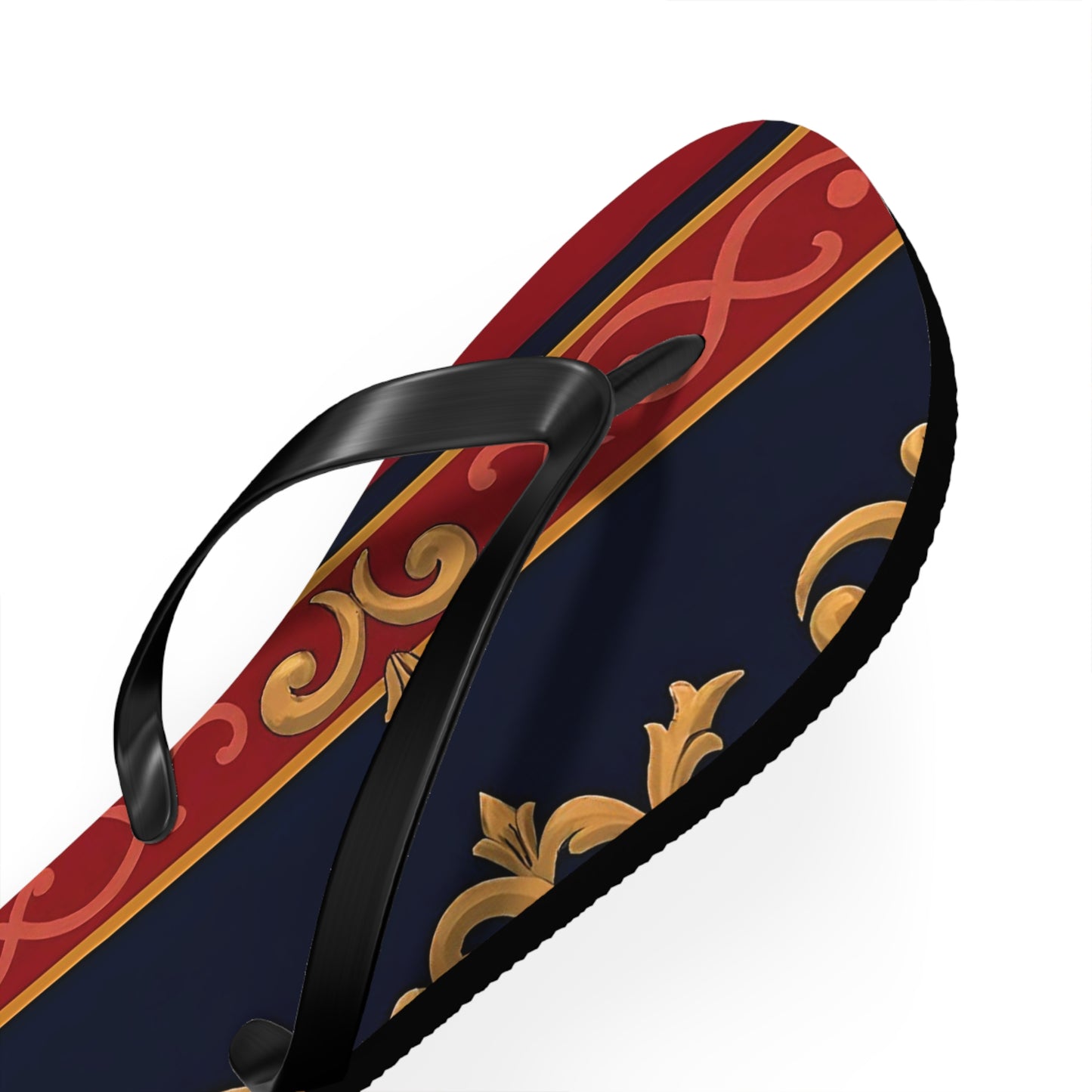Elegant Vintage Flip Flops, Stylish Summer Footwear, Beachwear Accessories, Vacation Essentials - Midnight Blue & Dusk Red Gold Baroque