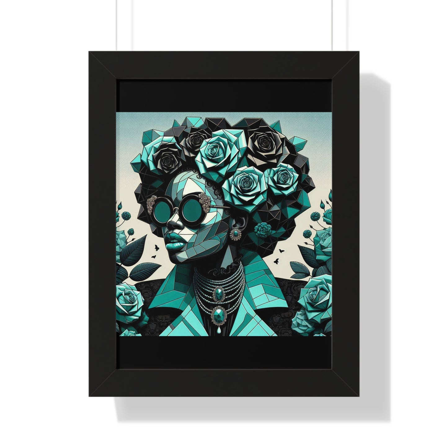 Framed Art Poster, Bohemian Home Decor, Wall Art for Living Room, Gift for Art Lovers, Unique Framed Wall Decor - Turquoise & Black Roses Lady