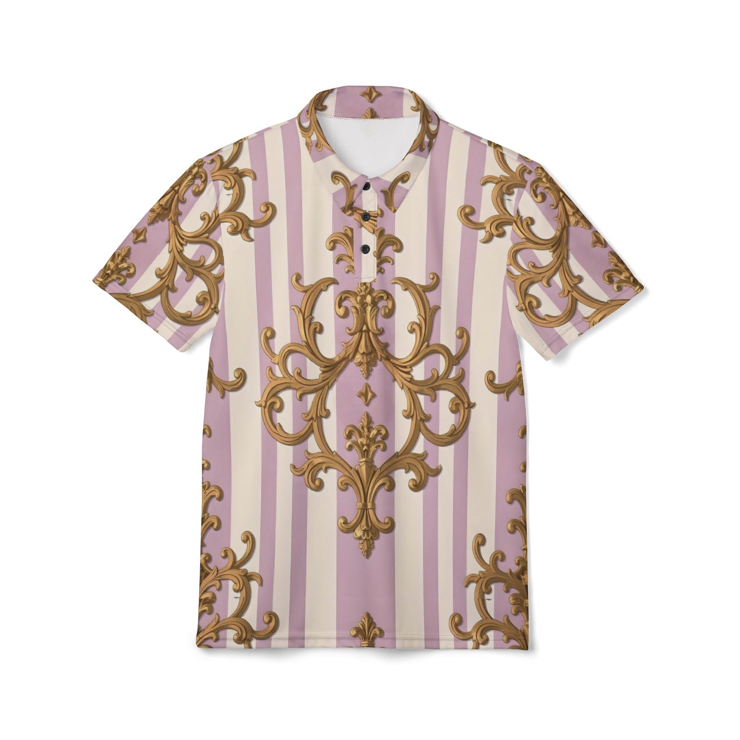Elegant Vintage-Style Unisex Polo Shirt, Casual Outfit, Summer Wear, Gift for Her or Him, Retro Fashion - Lilac & Alabaster Striped Gold Baroque