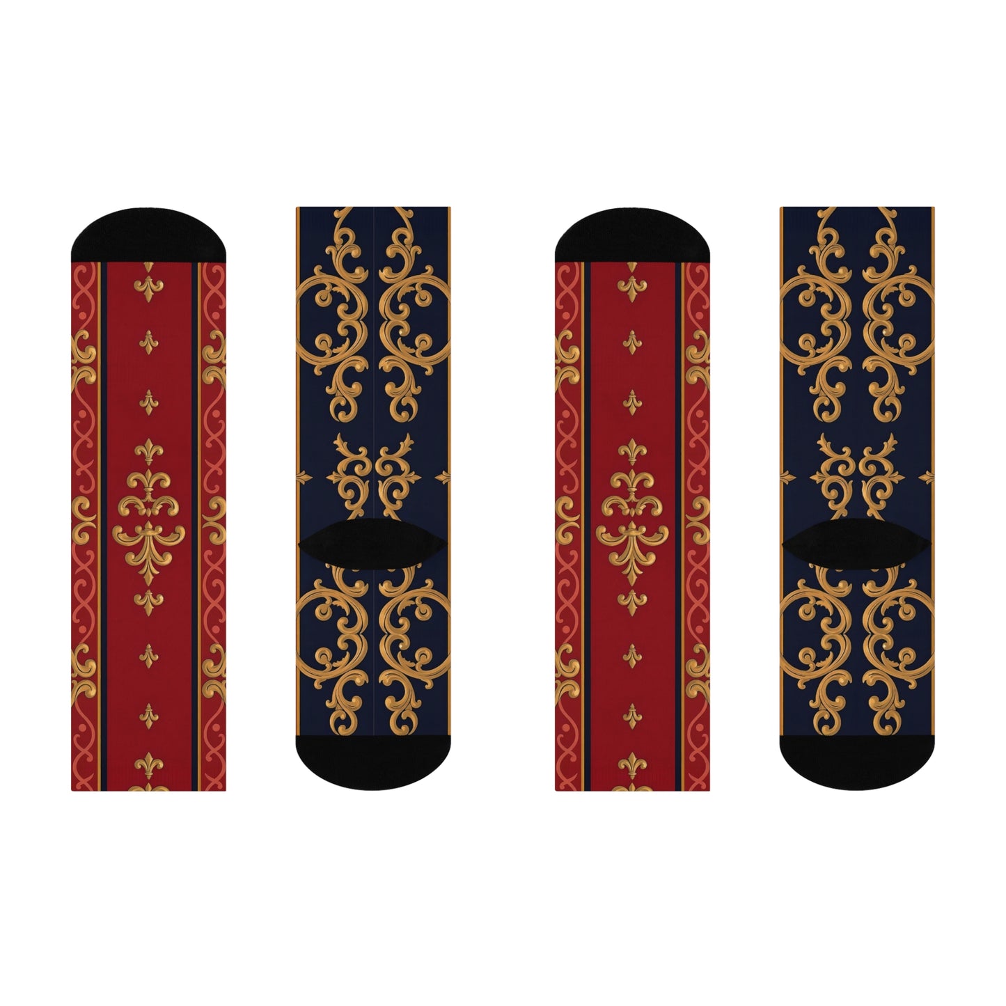 Luxurious Cushioned Crew Socks, Elegant Sock Gift, Fashion Accessories, Stylish, Fall and Winter Essentials - Midnight Blue & Dusk Red Gold Baroque