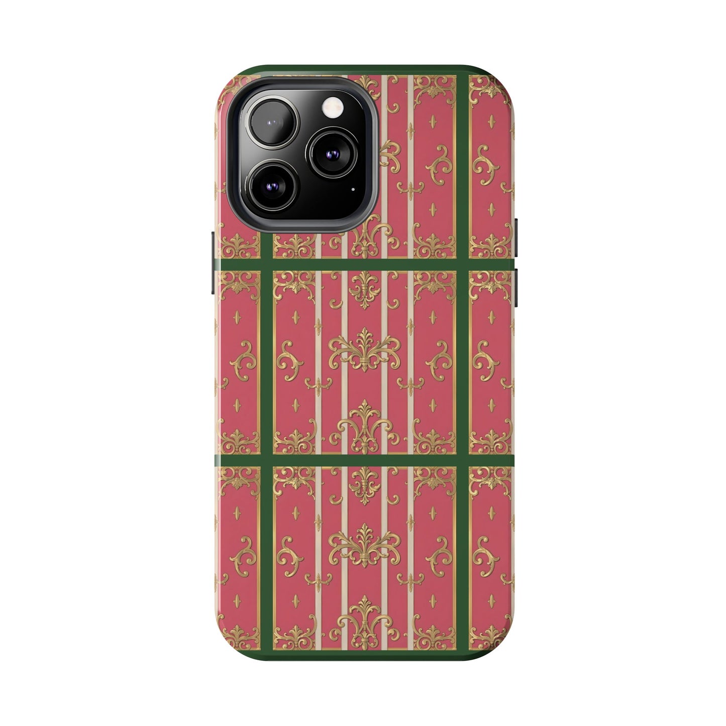 Elegant Green Border Pink Striped Baroque Phone Cases, Tough Phone Cases for Protection, Stylish Mobile Accessories, Gift for Her, Holiday Tech Gifts
