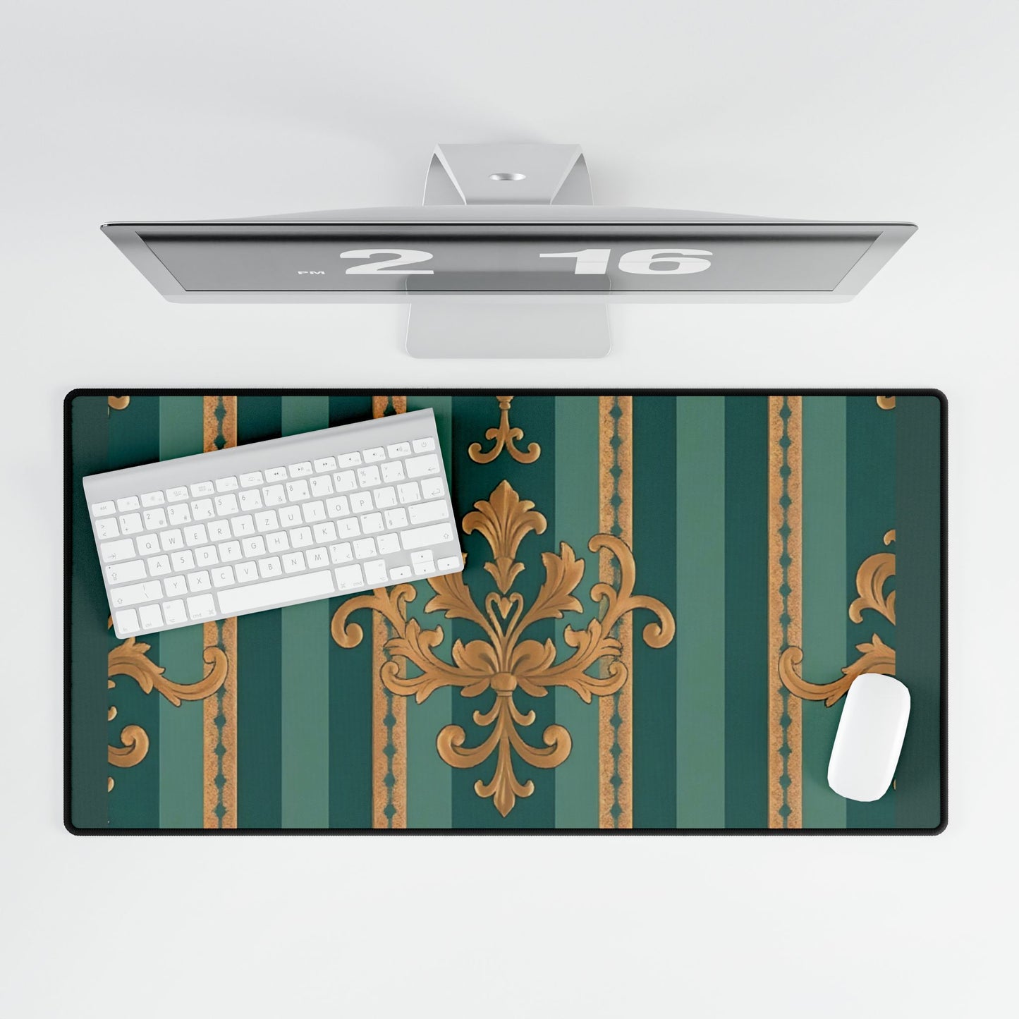 Elegant Floral Motif Desk Mat for Home Office Decor - Teal Striped Gold Damask